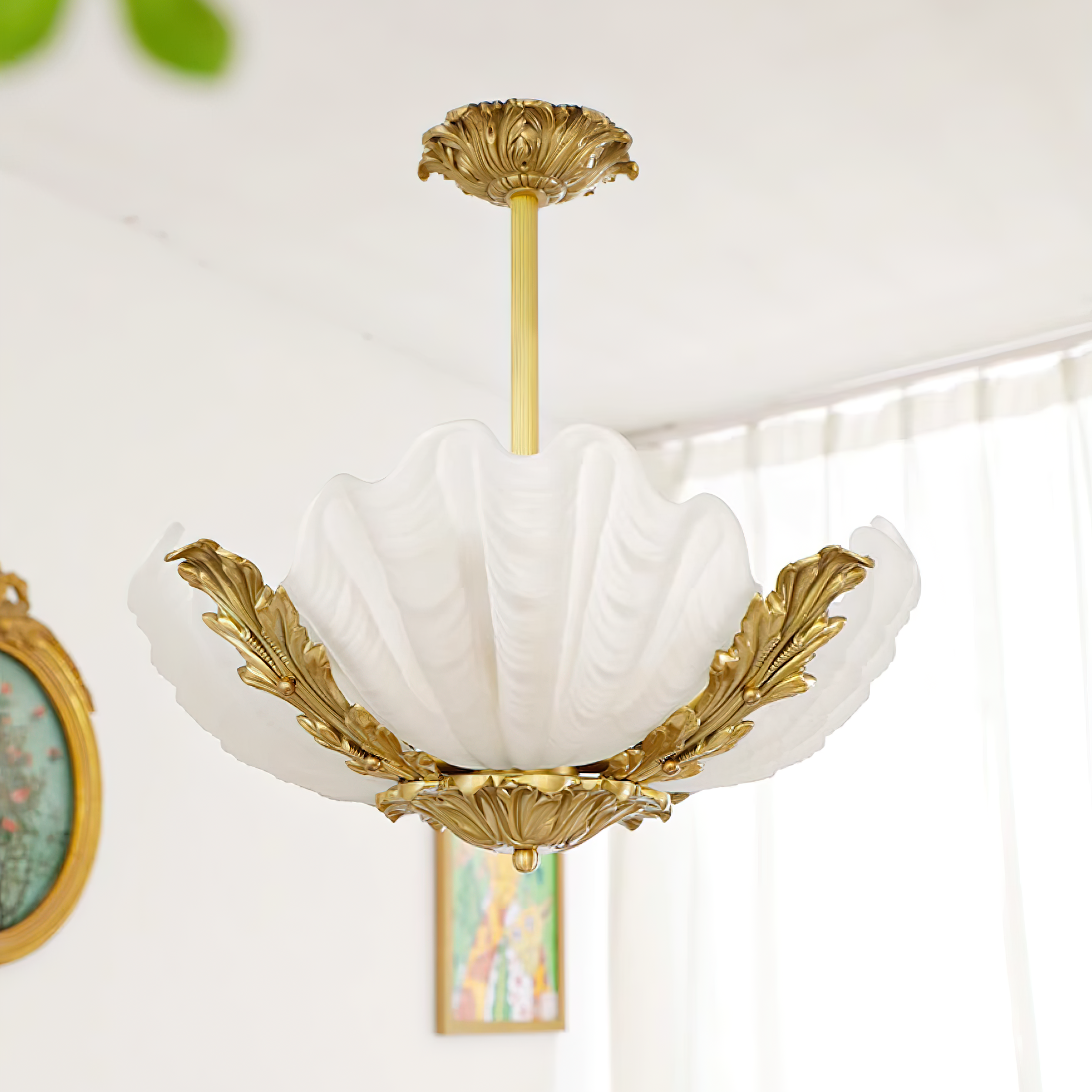Pendant Lamp Pink Murano Shell with Brass Baroque - Lamp Copper