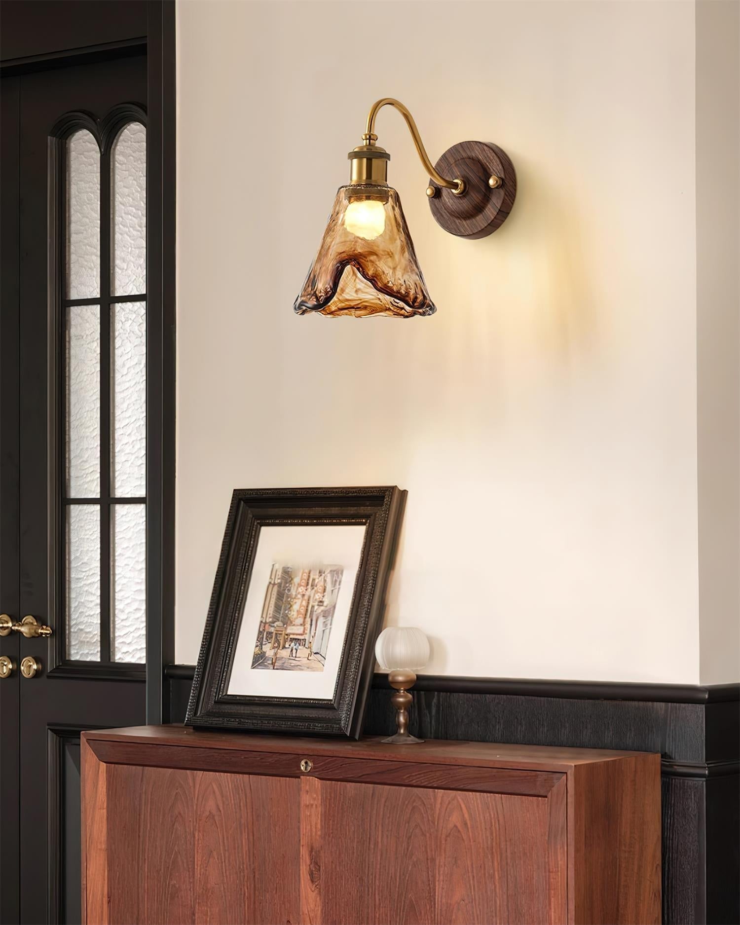 Wall Lamp Amber Glass Shade Walnut Gold Vintage Modern Sconce - Lamp Copper