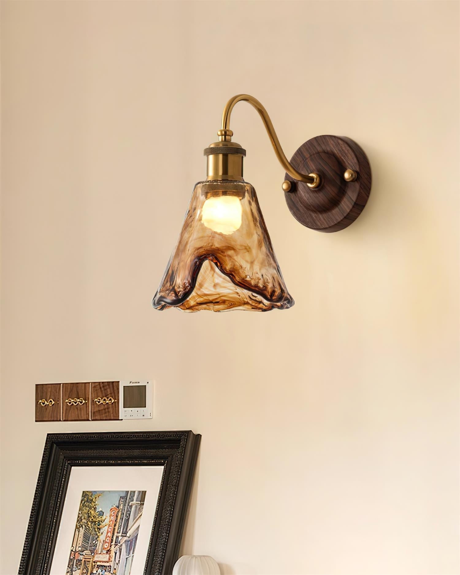 Wall Lamp Amber Glass Shade Walnut Gold Vintage Modern Sconce - Lamp Copper