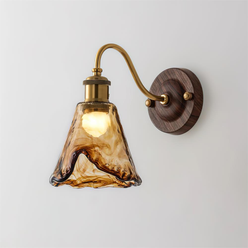 Wall Lamp Amber Glass Shade Walnut Gold Vintage Modern Sconce - Lamp Copper