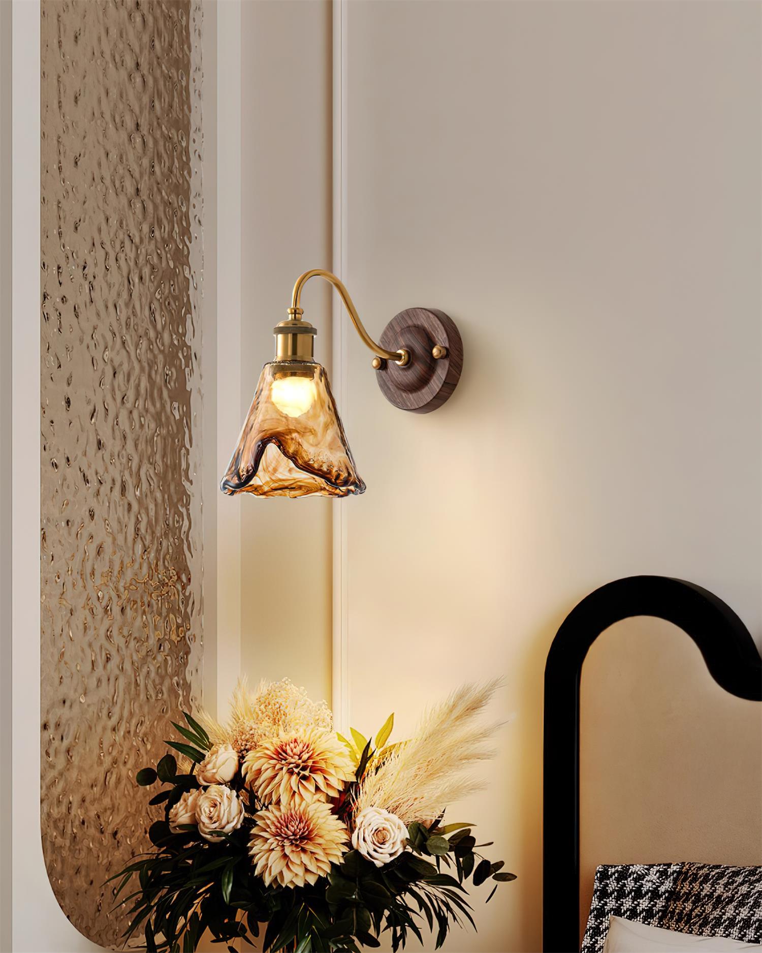 Wall Lamp Amber Glass Shade Walnut Gold Vintage Modern Sconce - Lamp Copper