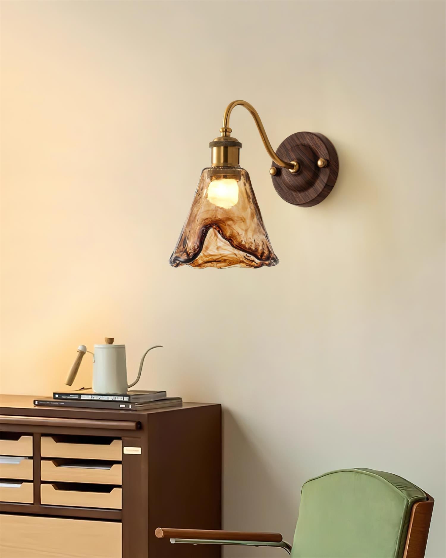 Wall Lamp Amber Glass Shade Walnut Gold Vintage Modern Sconce - Lamp Copper