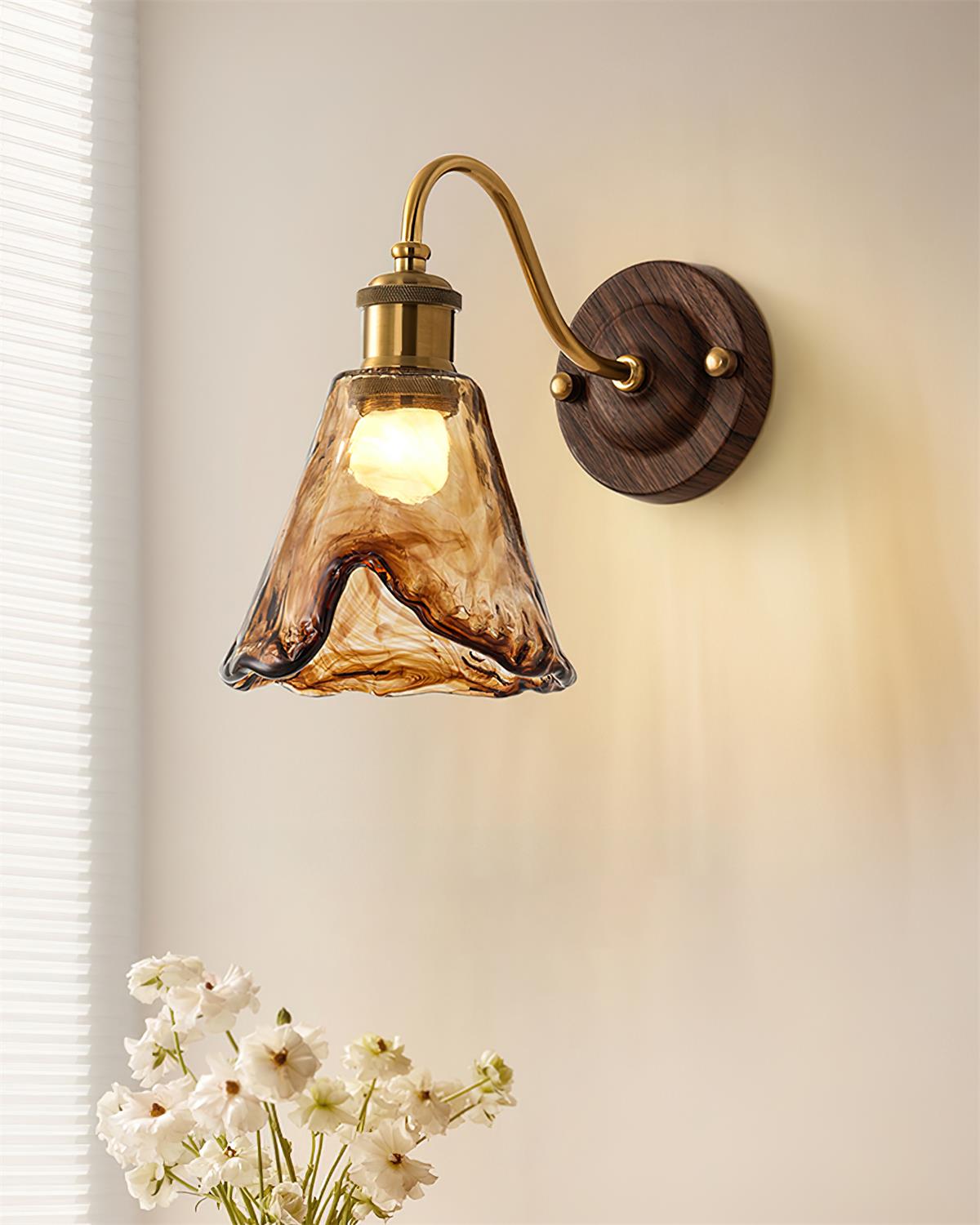 Wall Lamp Amber Glass Shade Walnut Gold Vintage Modern Sconce - Lamp Copper