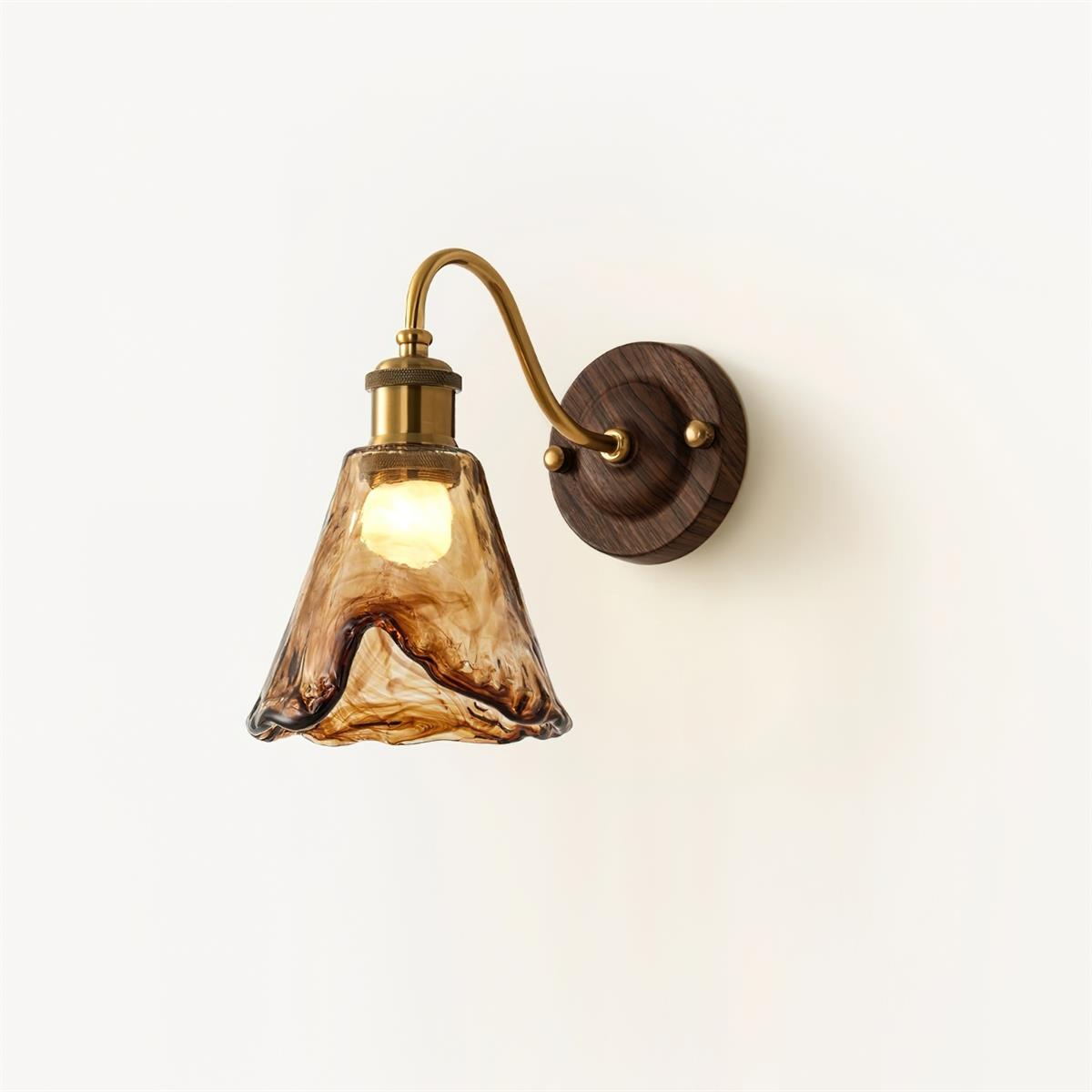 Wall Lamp Amber Glass Shade Walnut Gold Vintage Modern Sconce - Lamp Copper