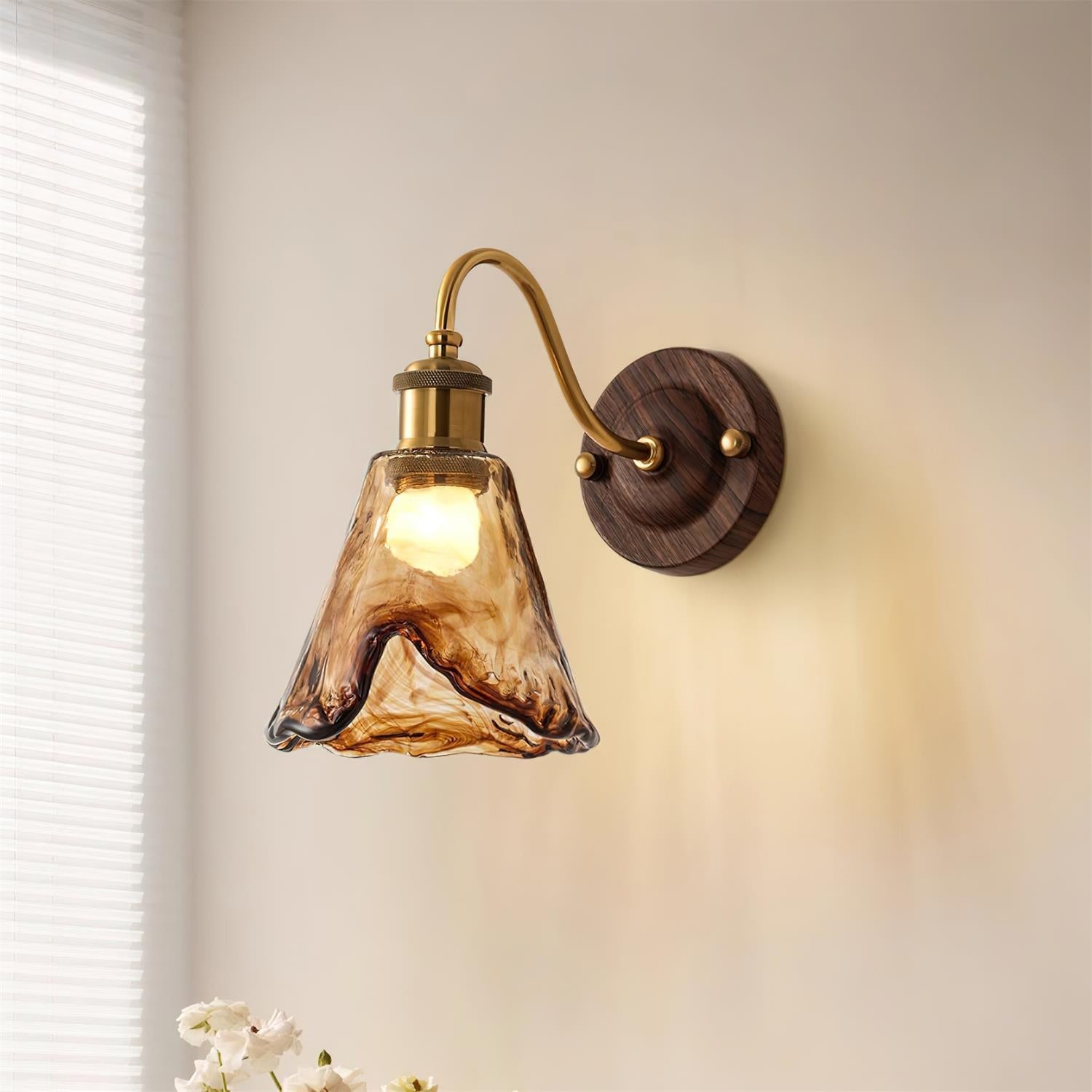 Wall Lamp Amber Glass Shade Walnut Gold Vintage Modern Sconce - Lamp Copper