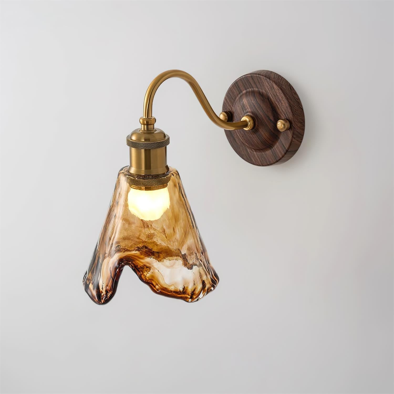 Wall Lamp Amber Glass Shade Walnut Gold Vintage Modern Sconce - Lamp Copper