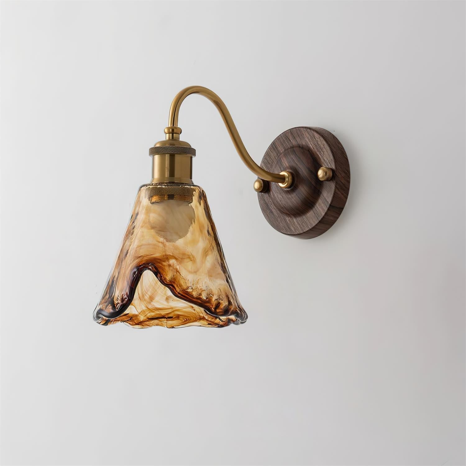 Wall Lamp Amber Glass Shade Walnut Gold Vintage Modern Sconce - Lamp Copper
