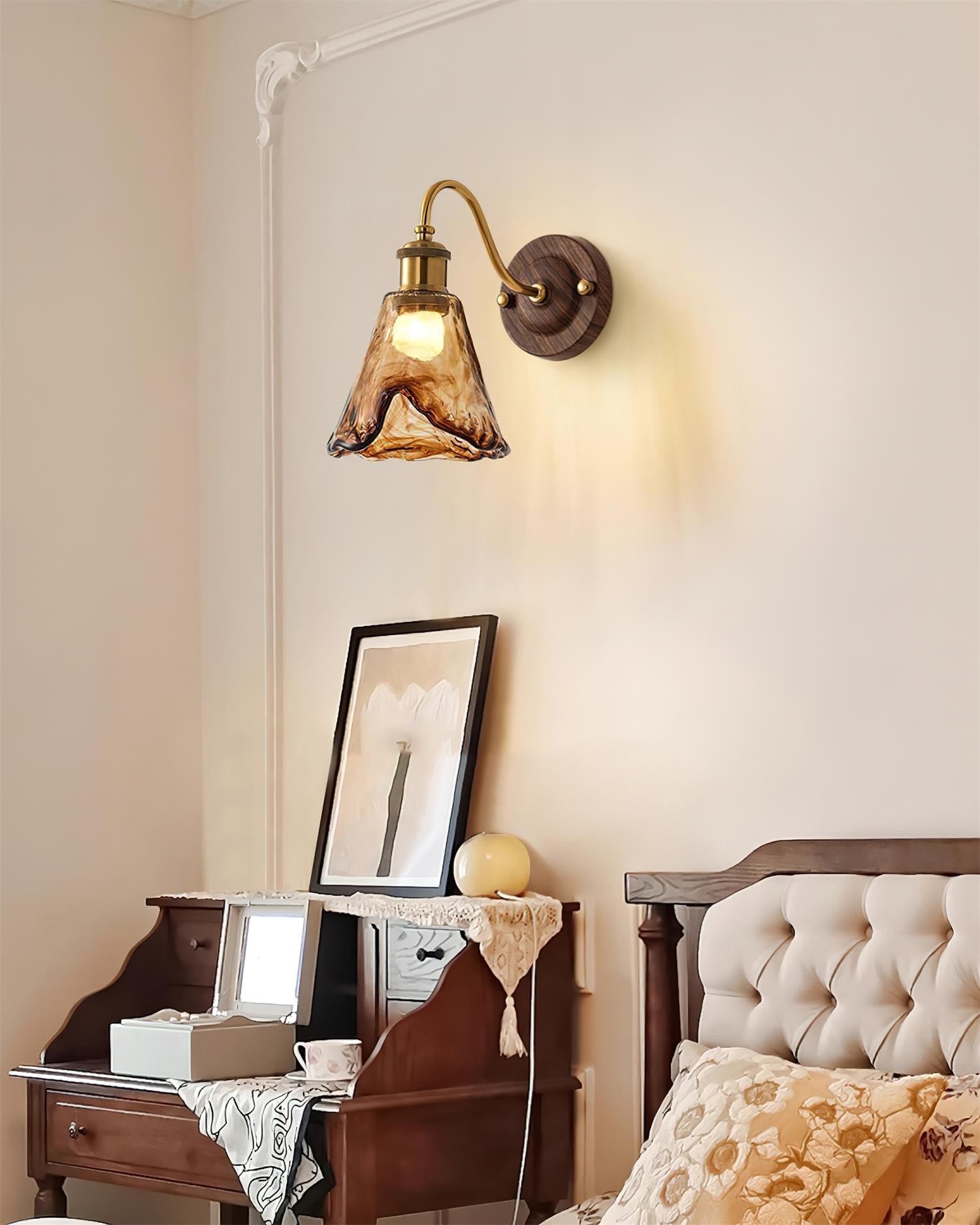 Wall Lamp Amber Glass Shade Walnut Gold Vintage Modern Sconce - Lamp Copper