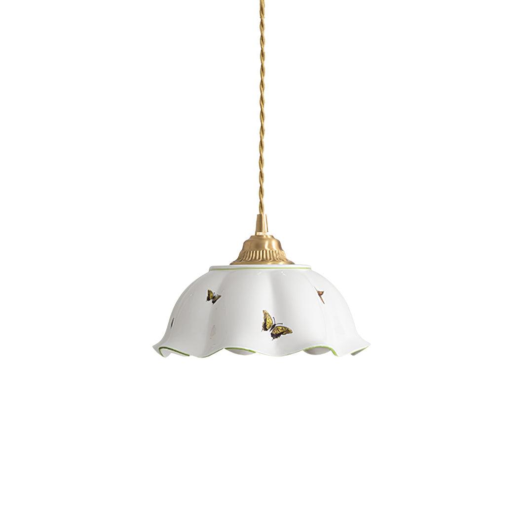 Pendant Lamp Ceramic Petal Shade Hand Painted Butterflies Vintage Charm - Lamp Copper