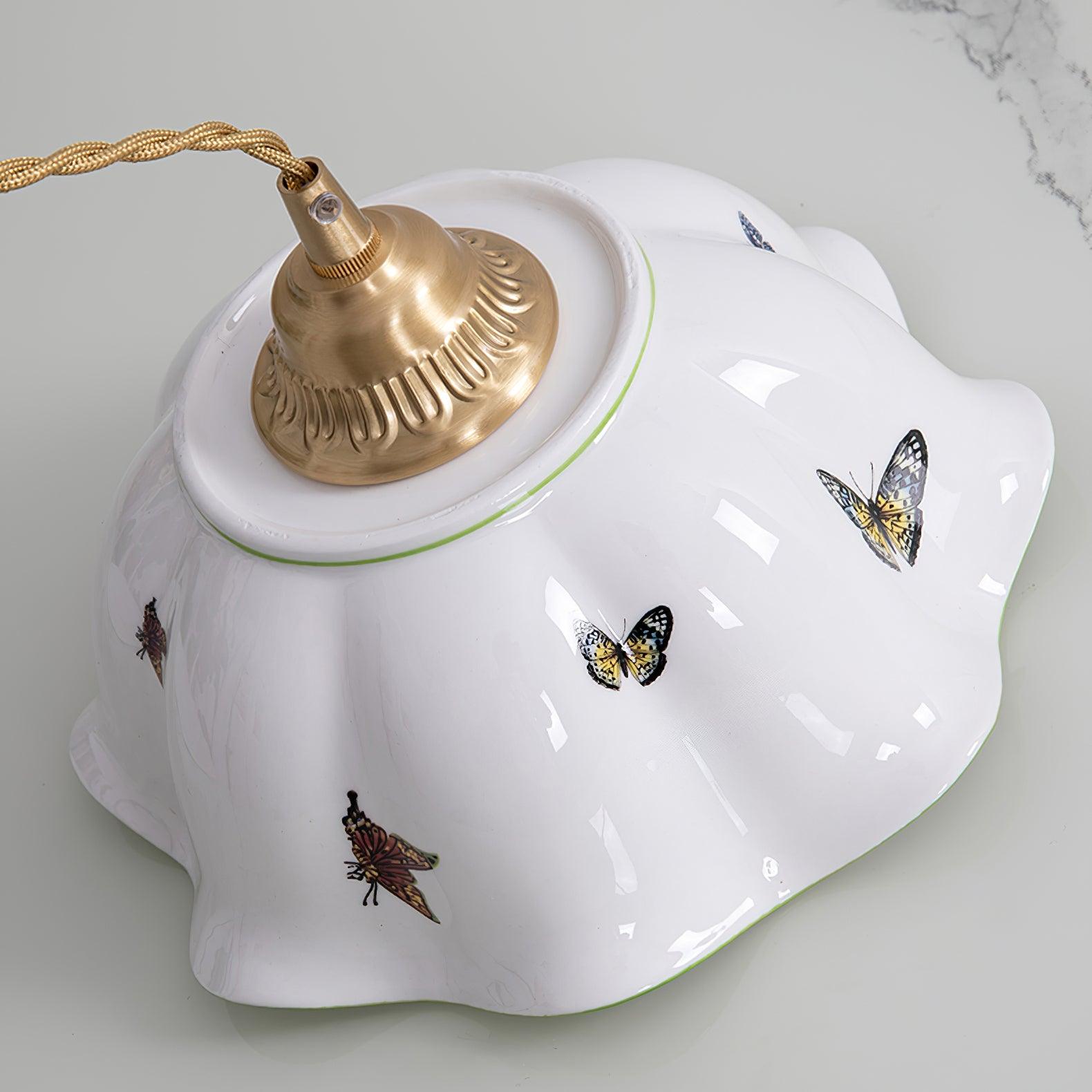 Pendant Lamp Ceramic Petal Shade Hand Painted Butterflies Vintage Charm - Lamp Copper