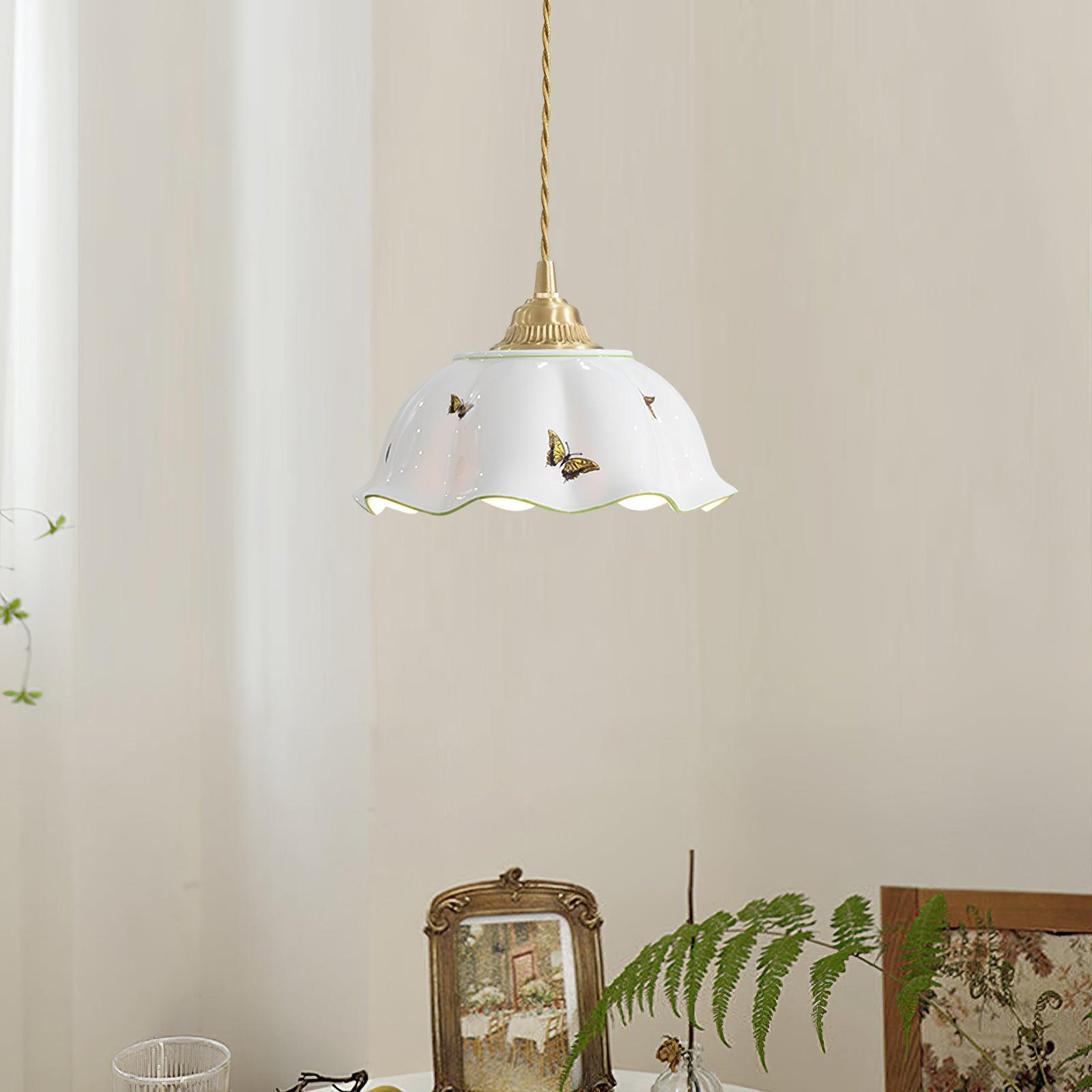 Pendant Lamp Ceramic Petal Shade Hand Painted Butterflies Vintage Charm - Lamp Copper