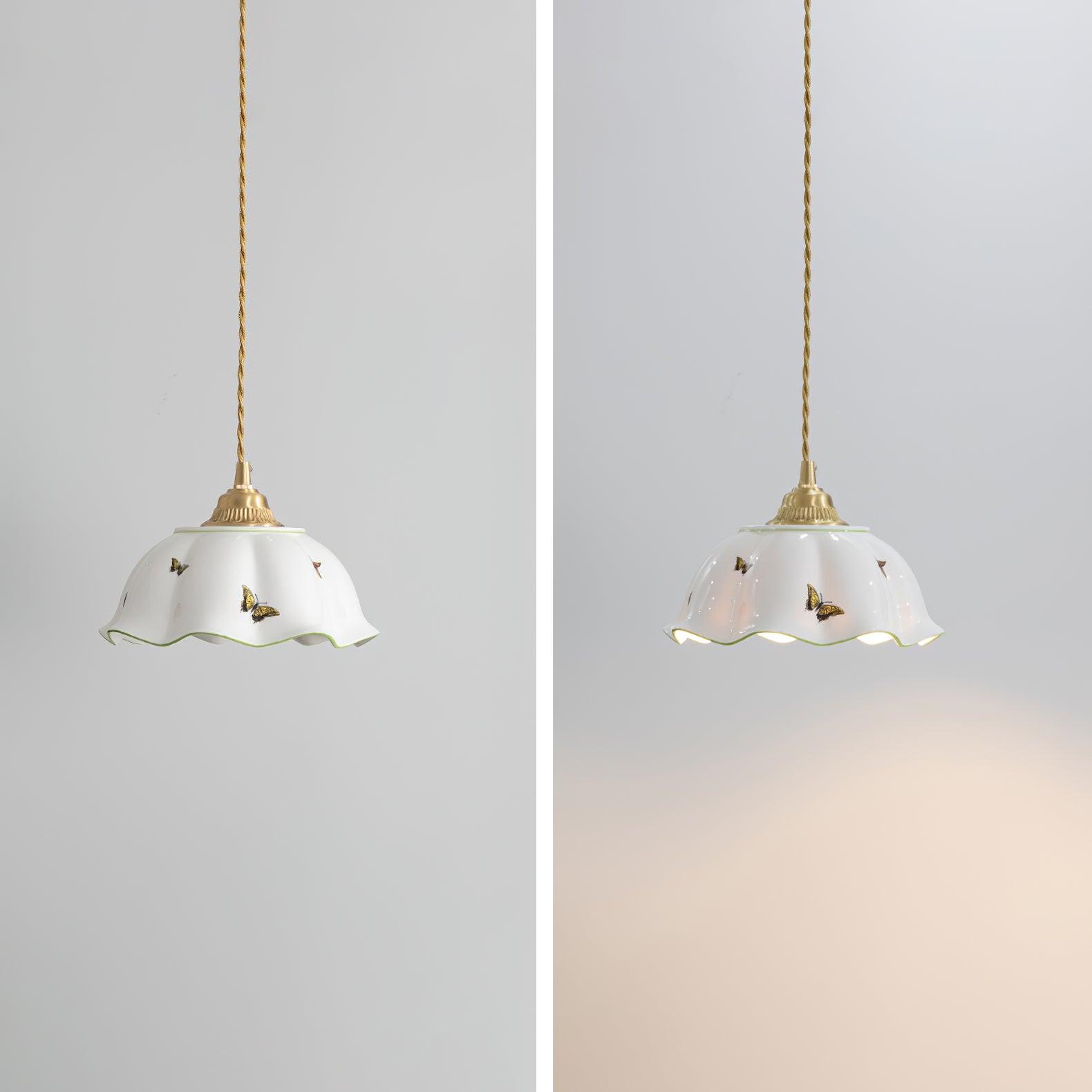 Pendant Lamp Ceramic Petal Shade Hand Painted Butterflies Vintage Charm - Lamp Copper