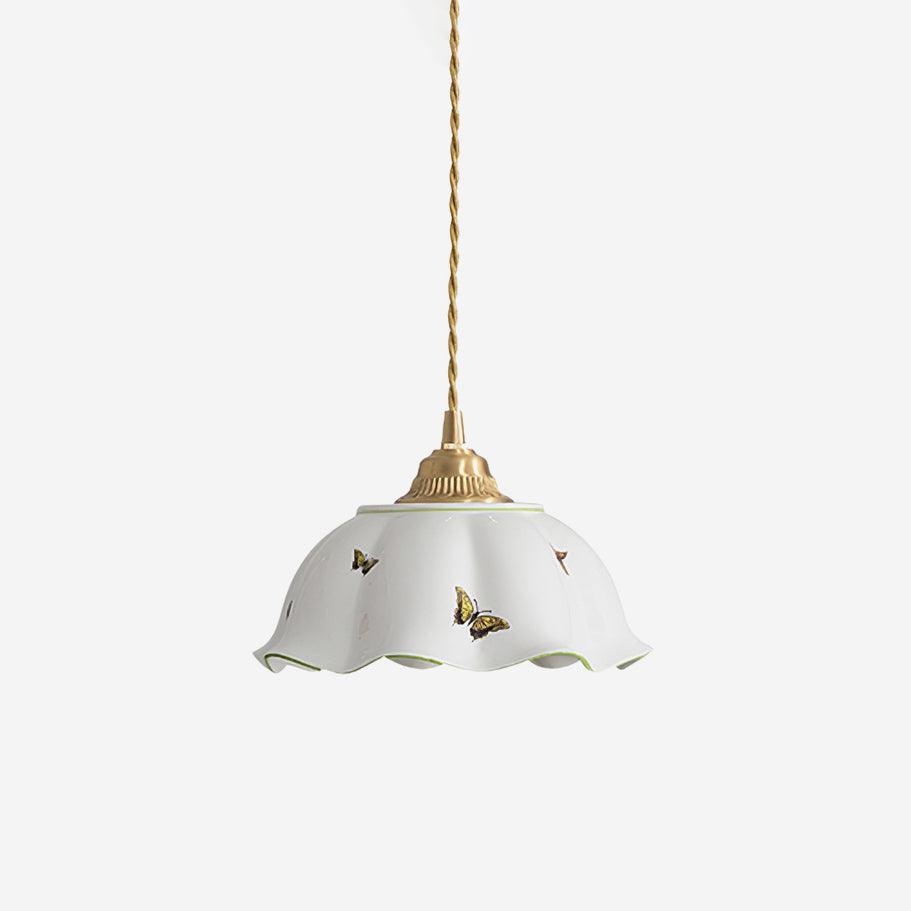 Pendant Lamp Ceramic Petal Shade Hand Painted Butterflies Vintage Charm - Lamp Copper