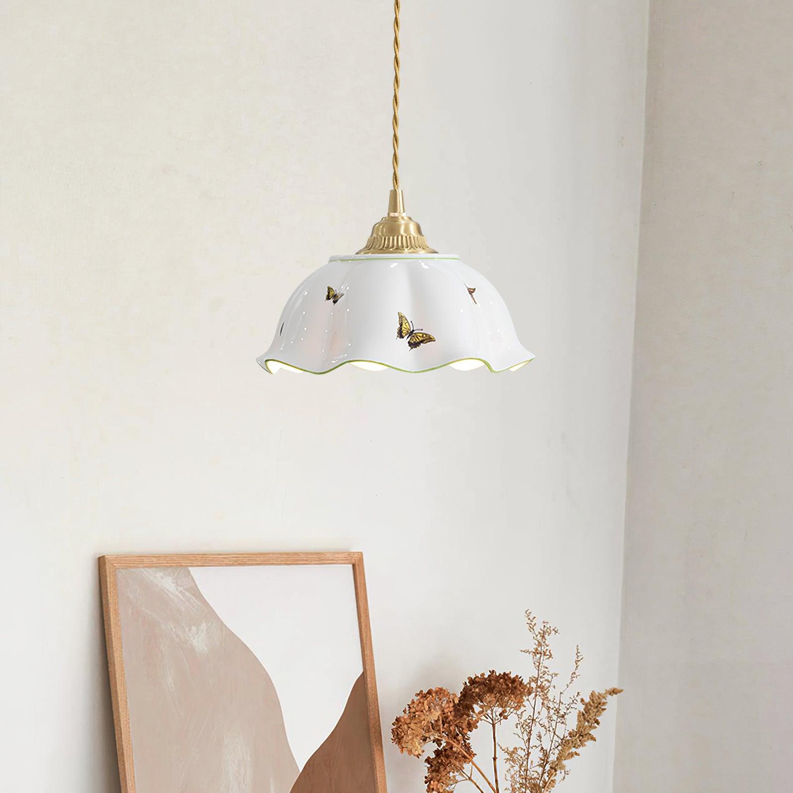 Pendant Lamp Ceramic Petal Shade Hand Painted Butterflies Vintage Charm - Lamp Copper