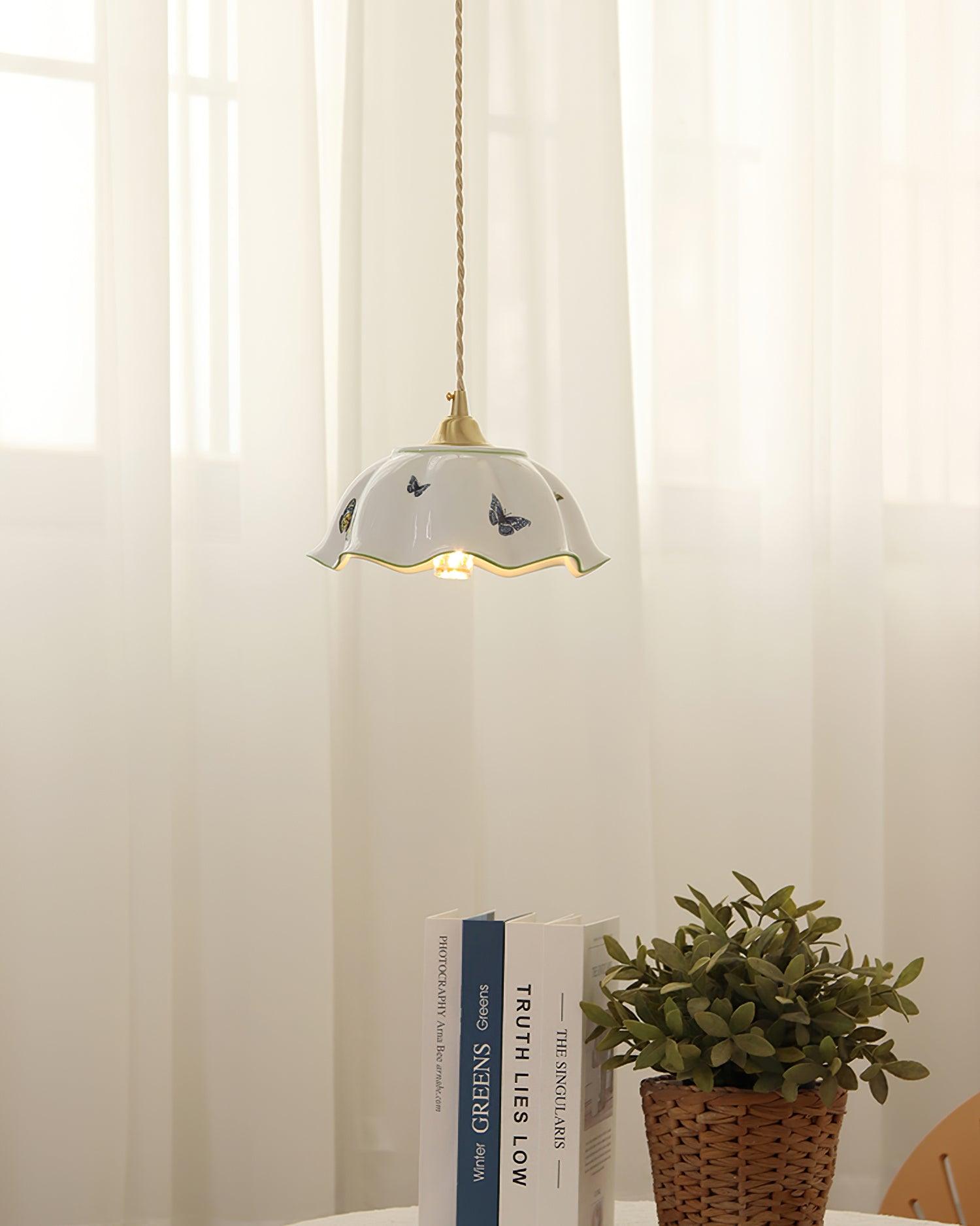 Pendant Lamp Ceramic Petal Shade Hand Painted Butterflies Vintage Charm - Lamp Copper
