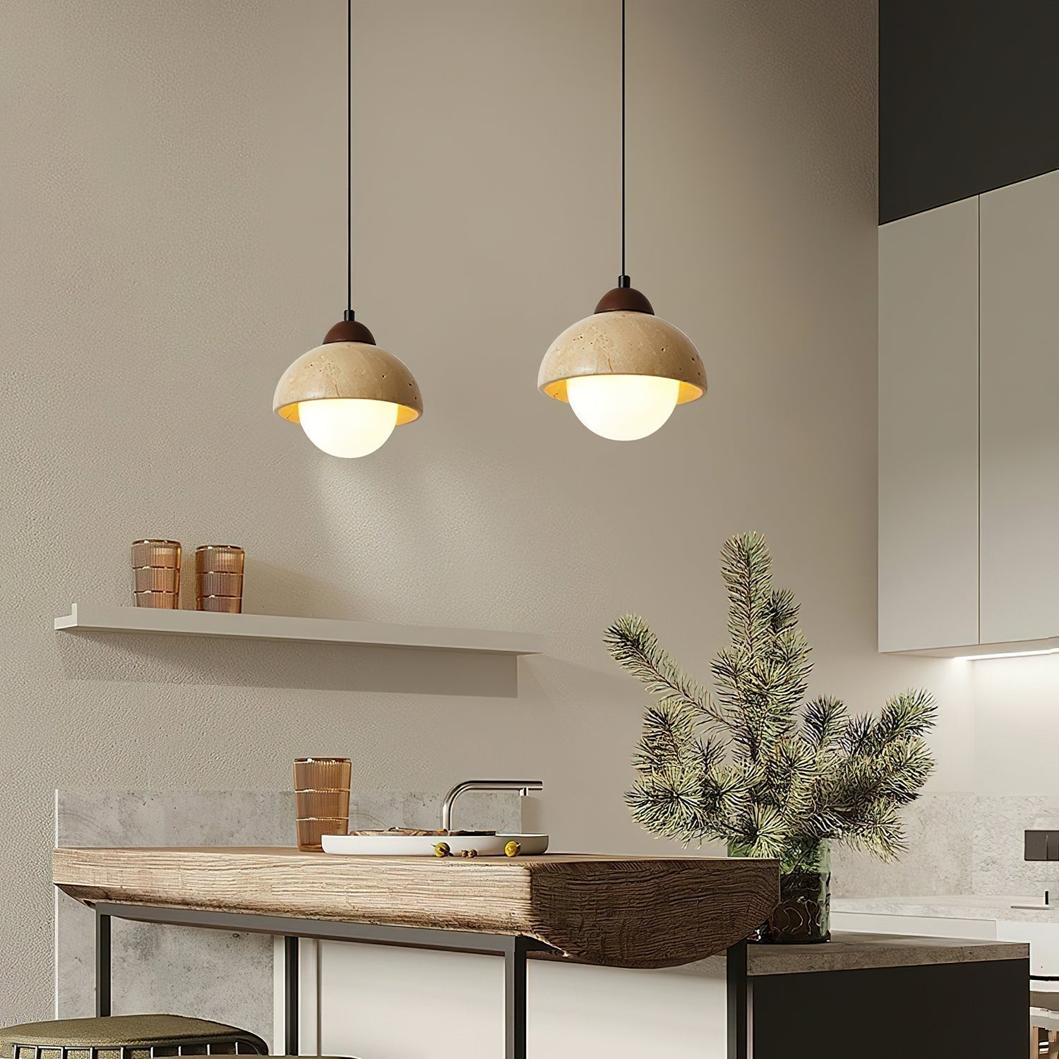 Orzora Dome-Shaped Travertine Pendant Light - Lamp Copper