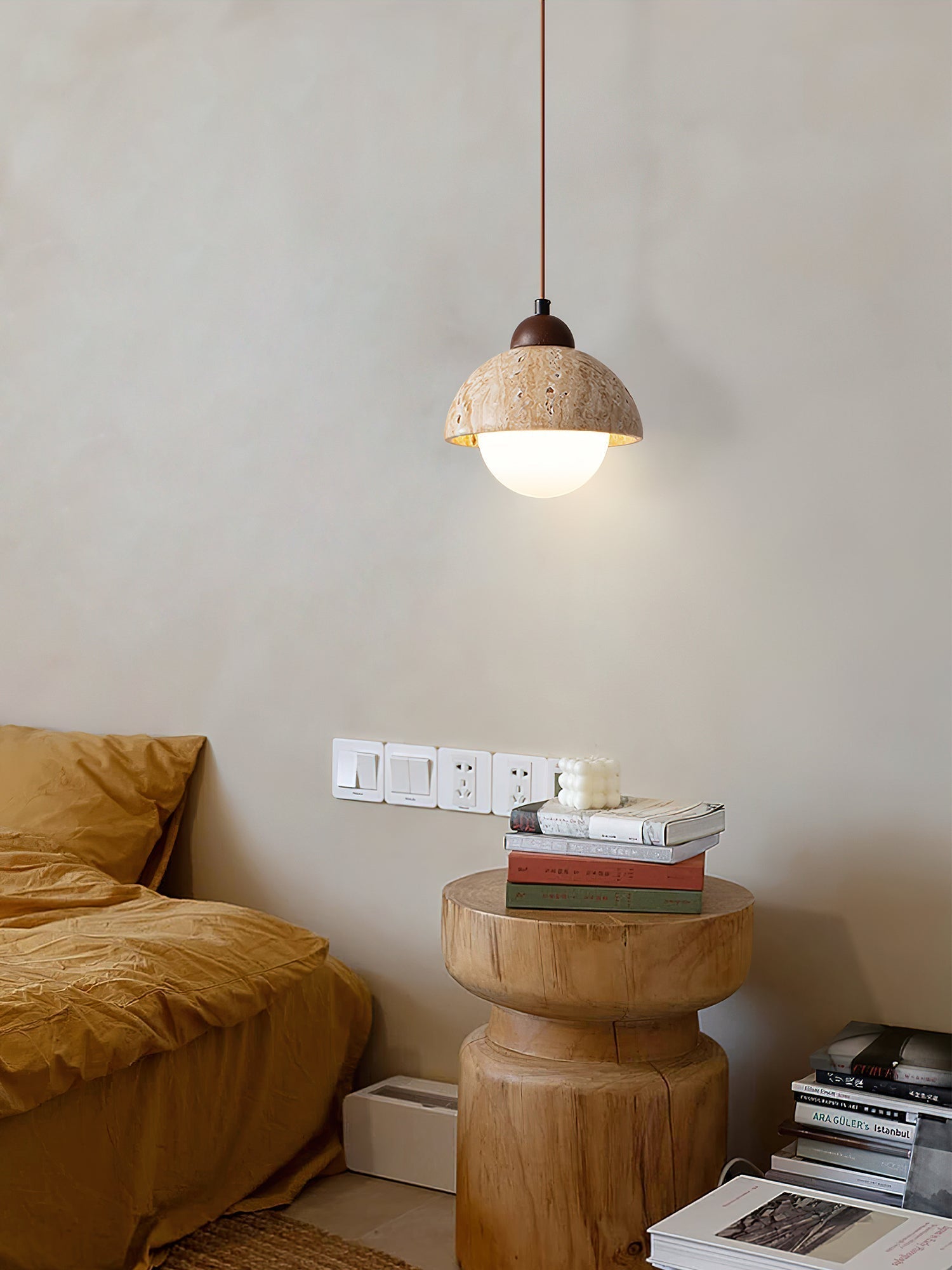 Orzora Dome-Shaped Travertine Pendant Light - Lamp Copper