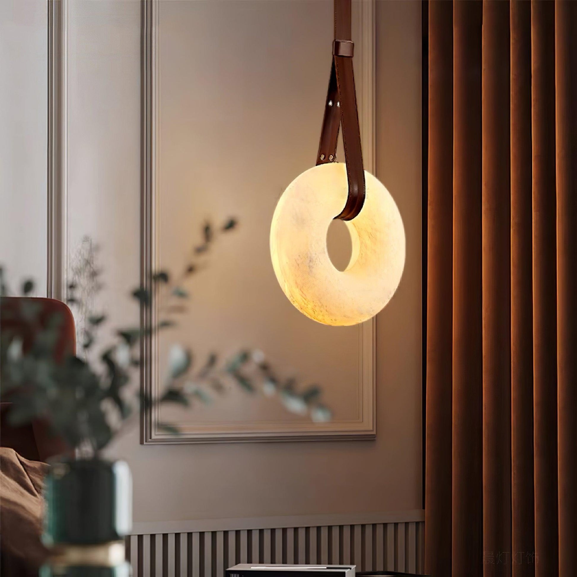 Étoile Pendant Light Alabaster Ring Leather Straps Scandinavian - Lamp Copper