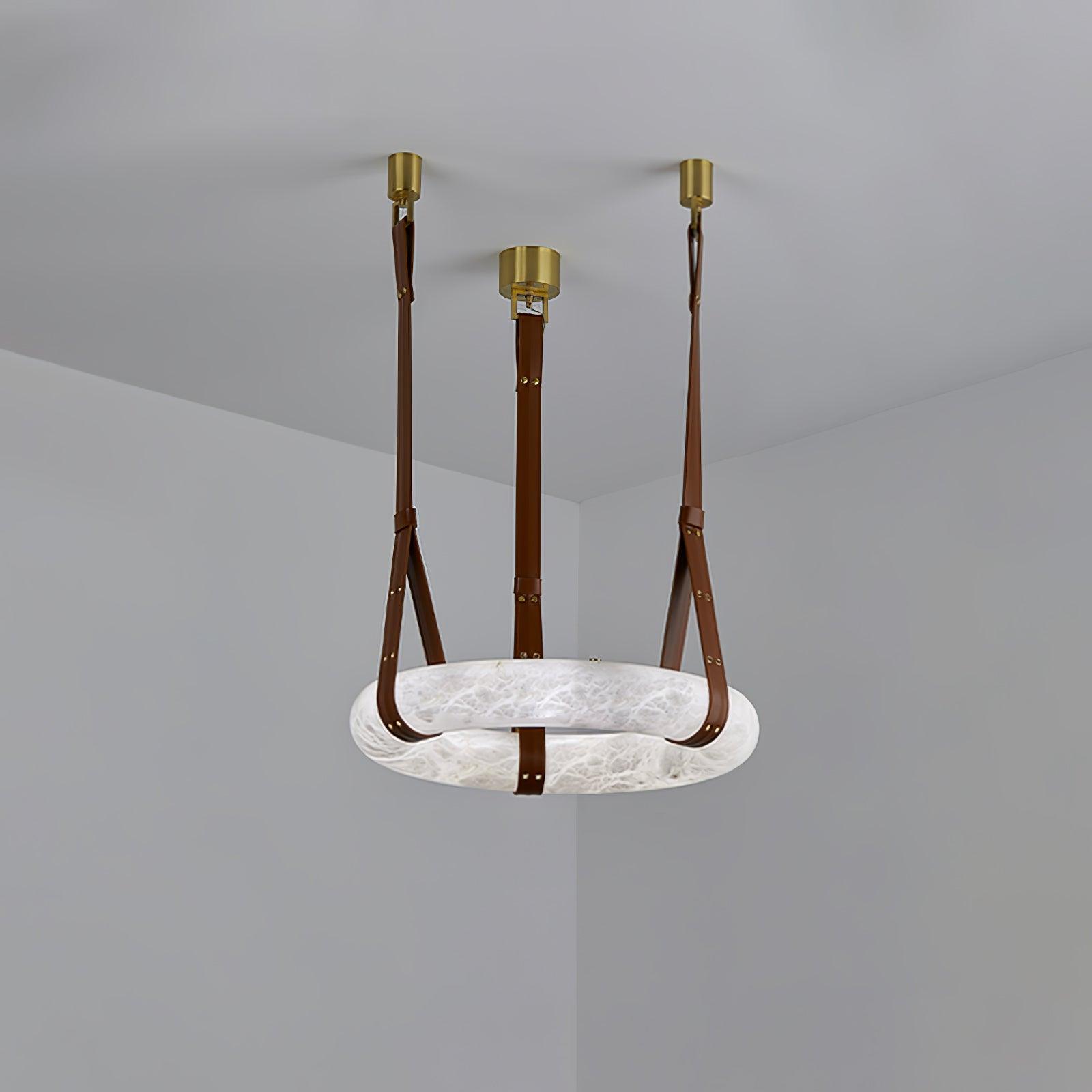 Étoile Pendant Light Alabaster Ring Leather Straps Scandinavian - Lamp Copper