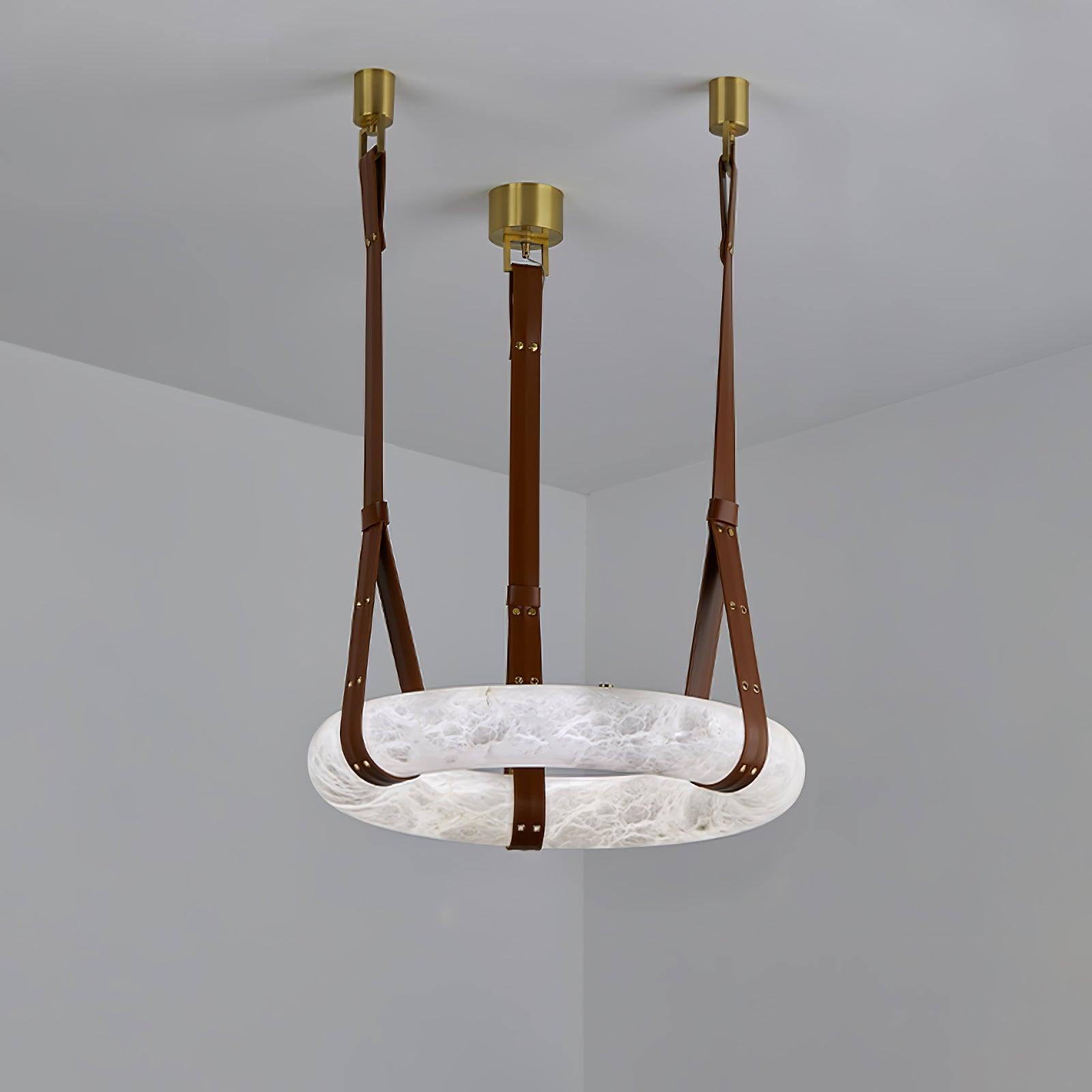 Étoile Pendant Light Alabaster Ring Leather Straps Scandinavian - Lamp Copper