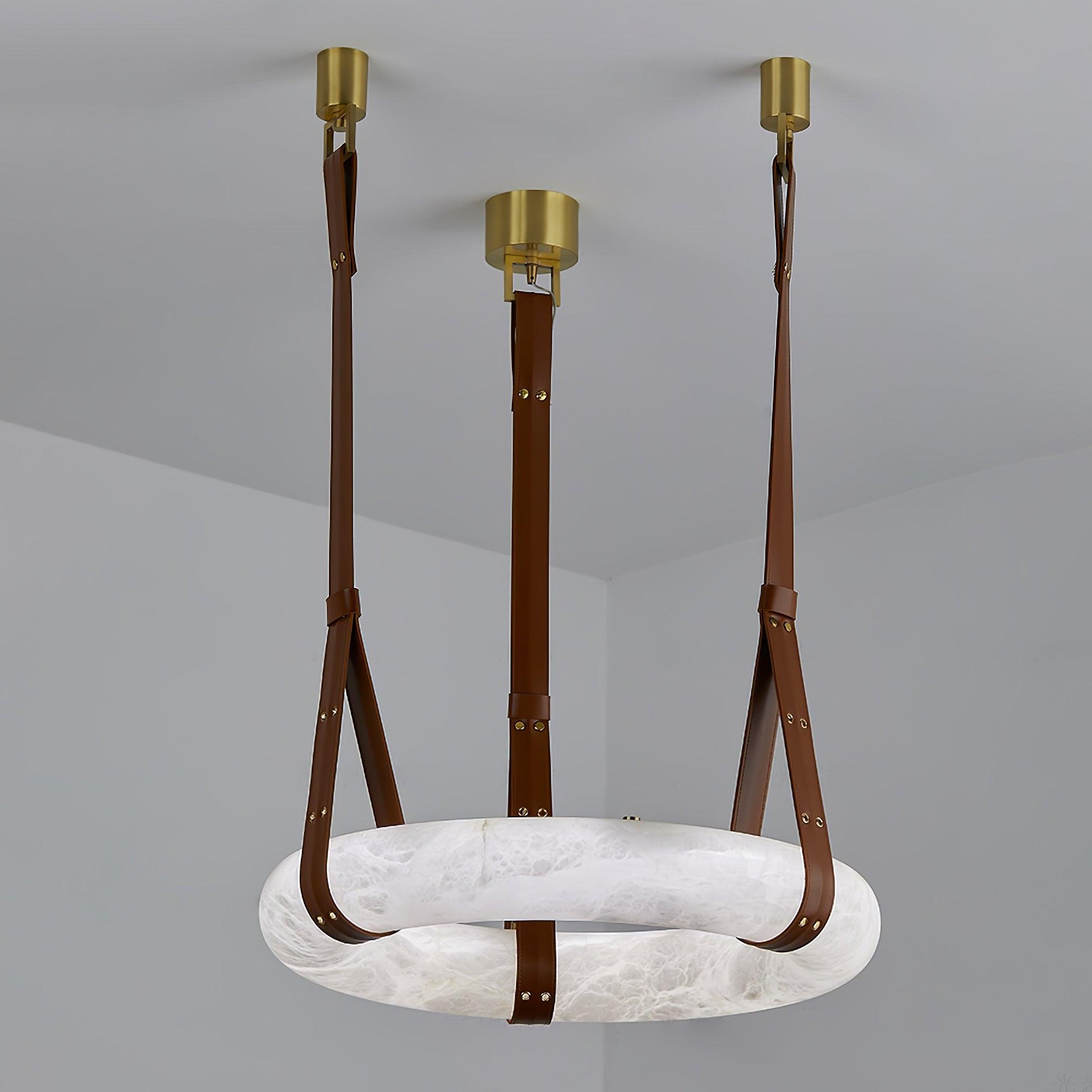 Étoile Pendant Light Alabaster Ring Leather Straps Scandinavian - Lamp Copper