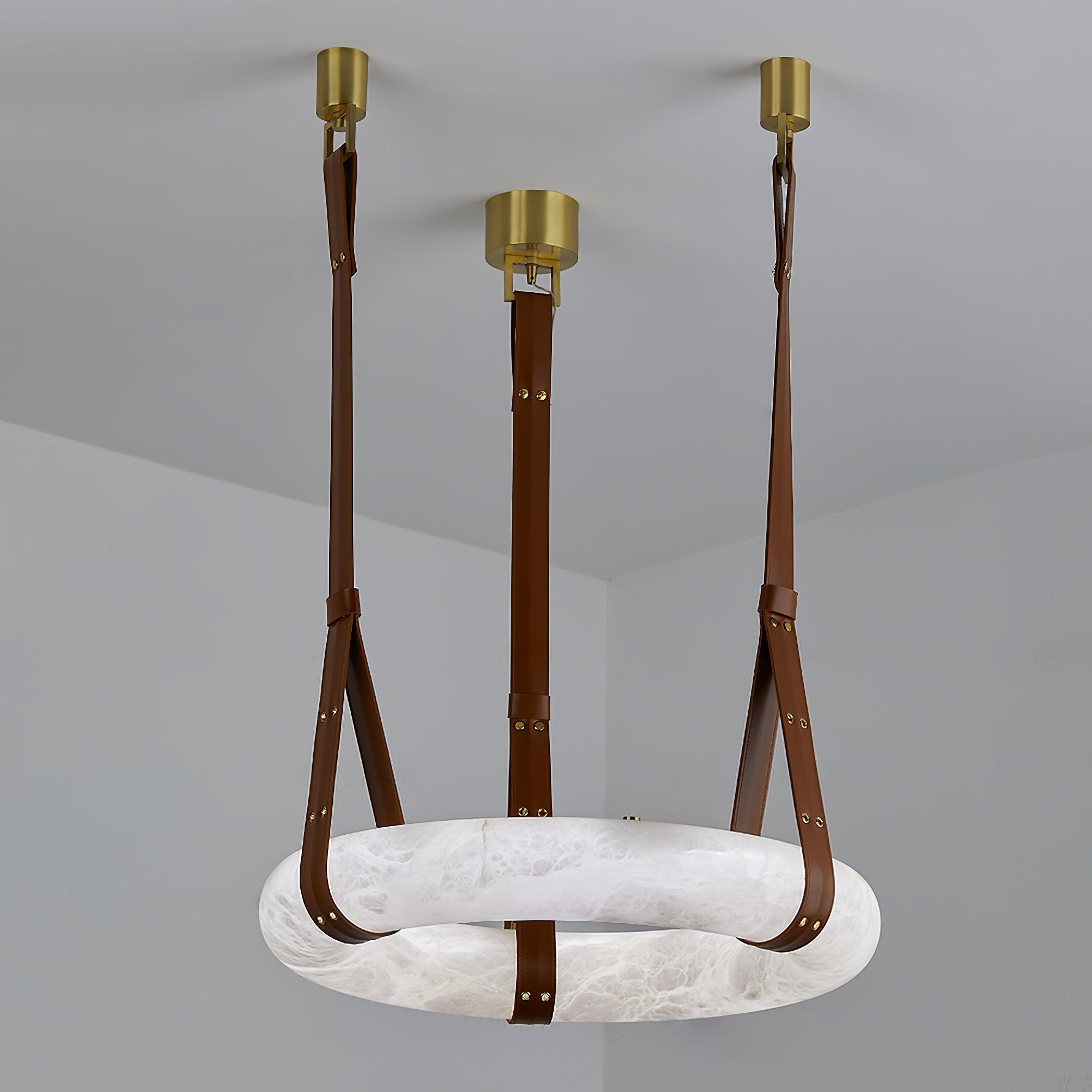 Étoile Pendant Light Alabaster Ring Leather Straps Scandinavian - Lamp Copper