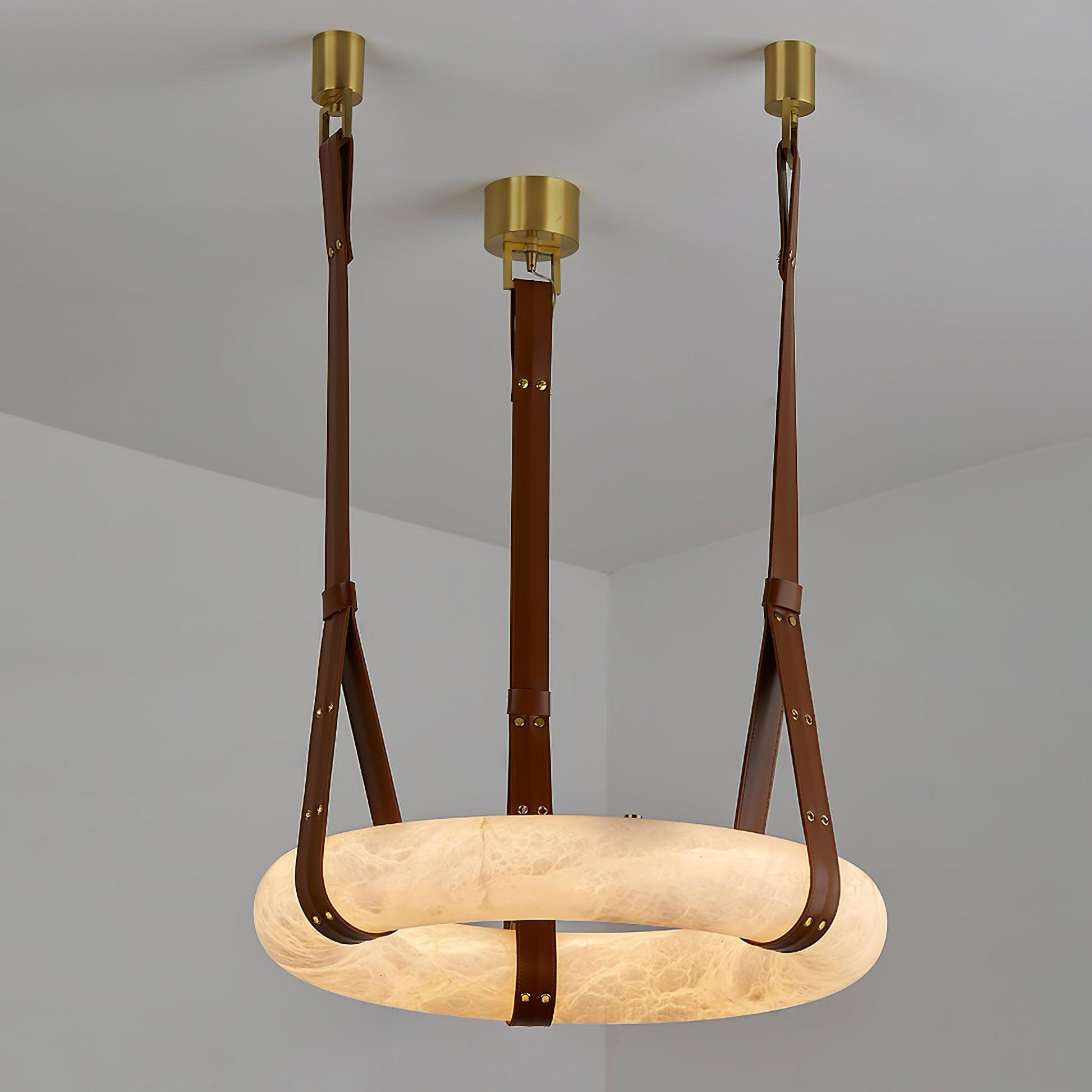 Étoile Pendant Light Alabaster Ring Leather Straps Scandinavian - Lamp Copper