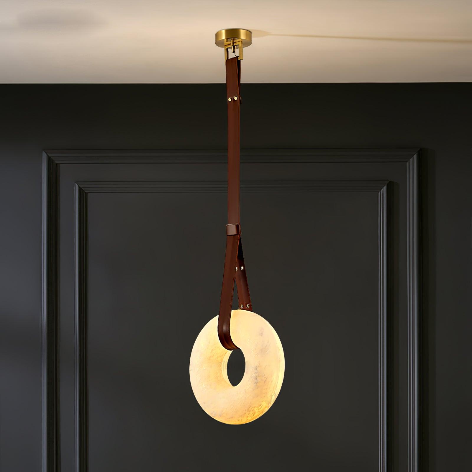 Étoile Pendant Light Alabaster Ring Leather Straps Scandinavian - Lamp Copper