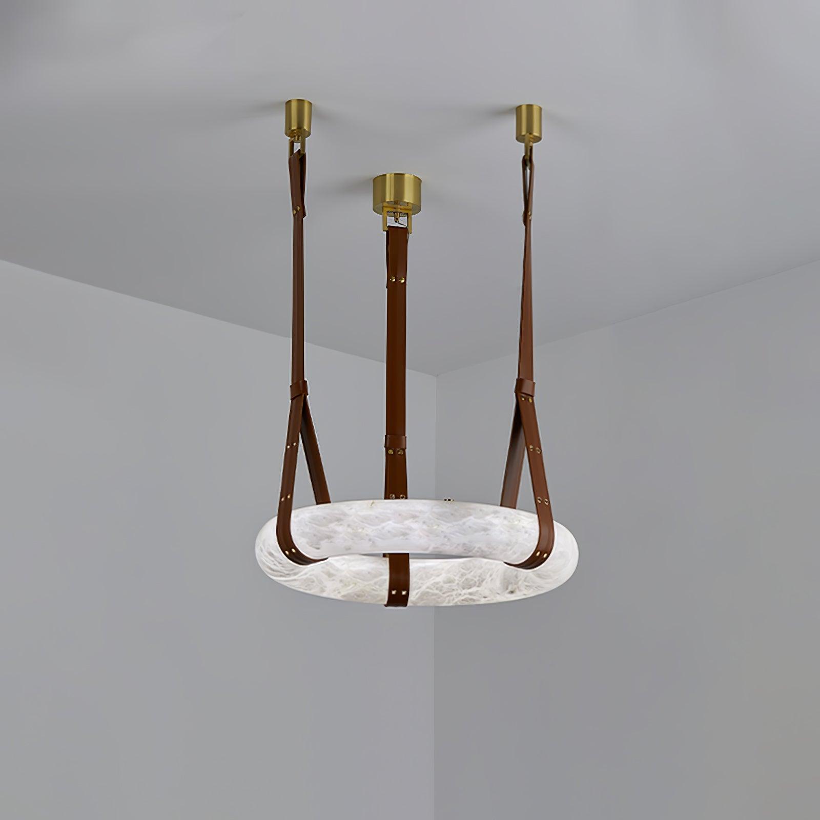 Étoile Pendant Light Alabaster Ring Leather Straps Scandinavian - Lamp Copper