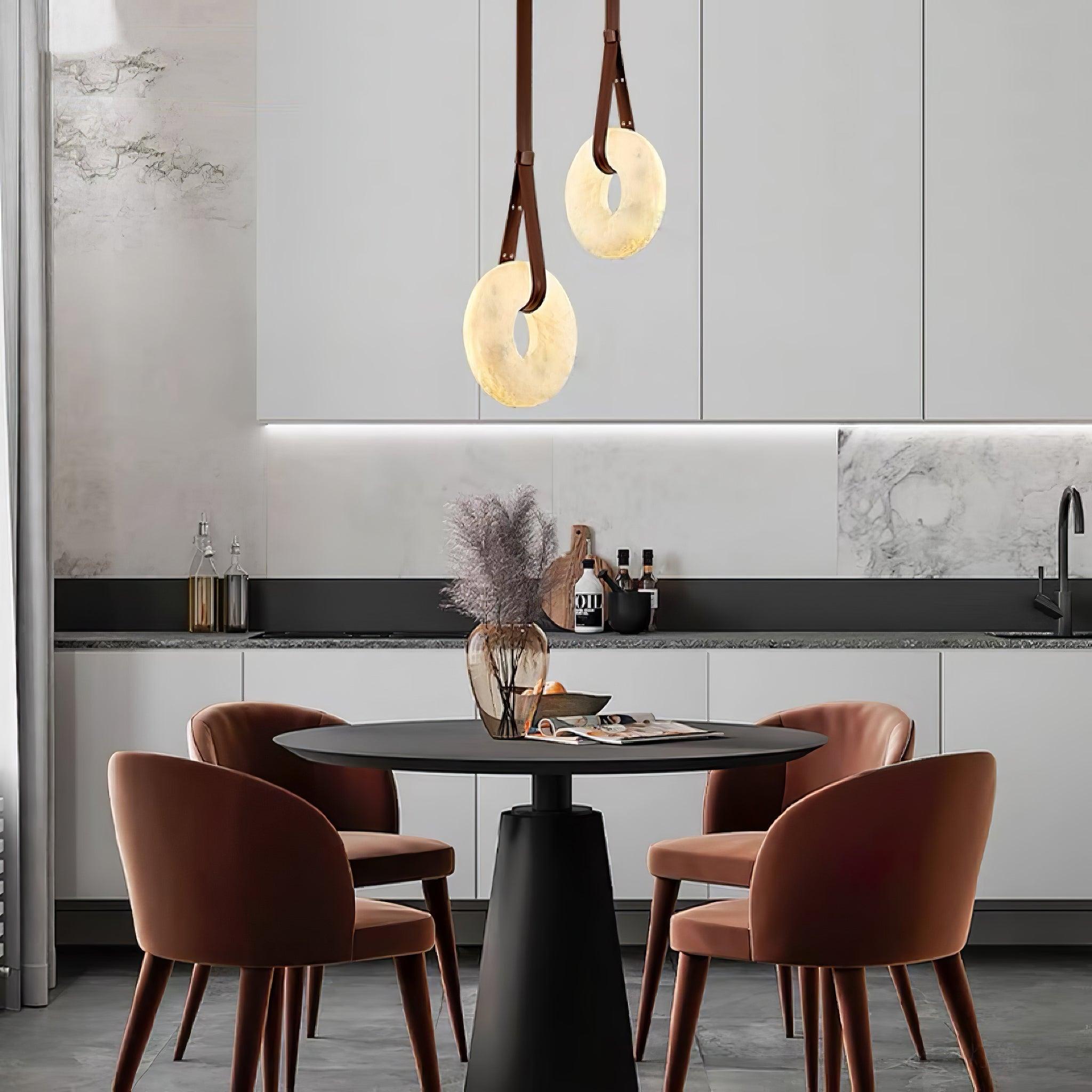 Étoile Pendant Light Alabaster Ring Leather Straps Scandinavian - Lamp Copper