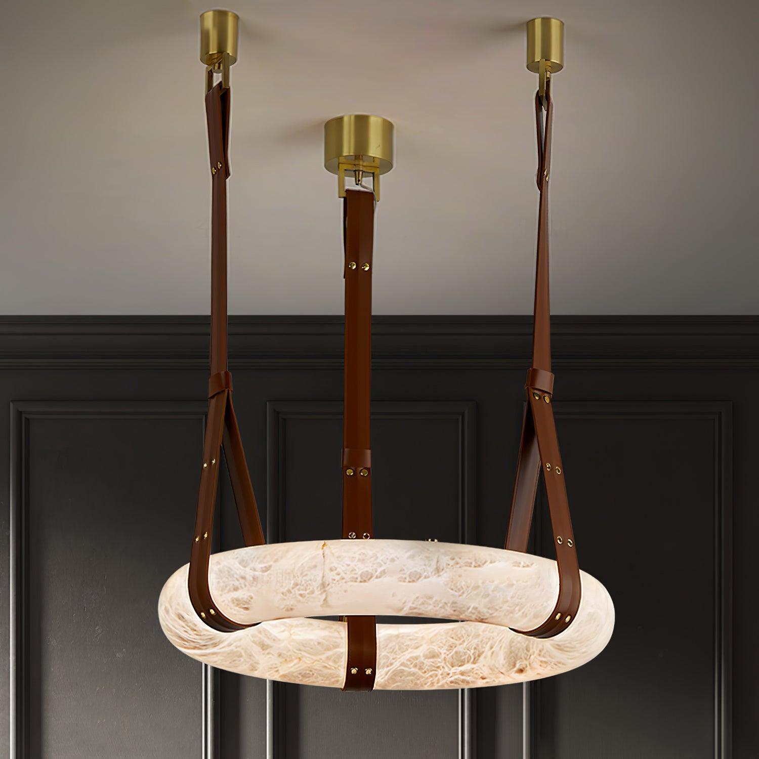 Étoile Pendant Light Alabaster Ring Leather Straps Scandinavian - Lamp Copper