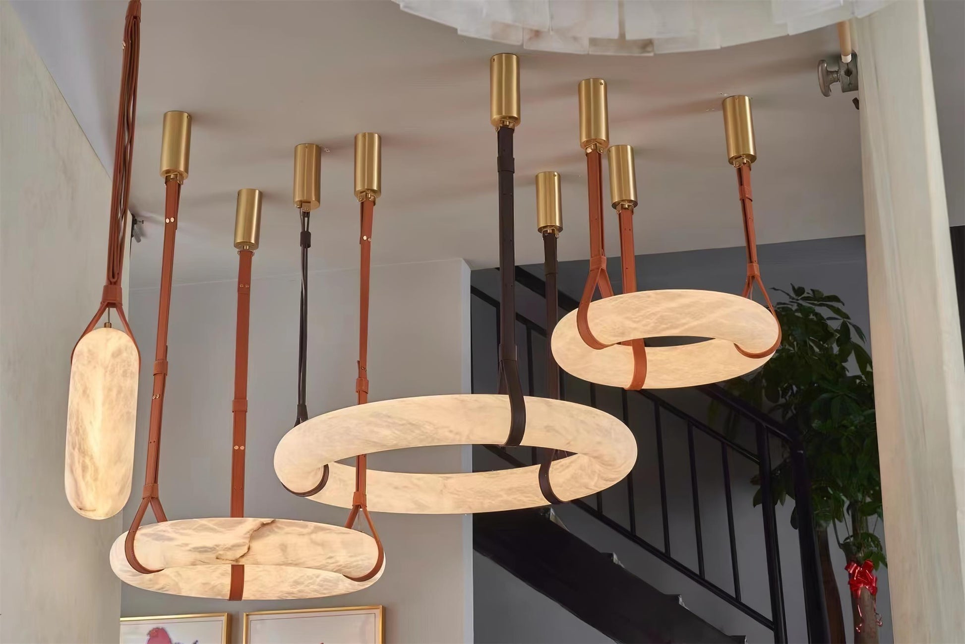 Étoile Pendant Light Alabaster Ring Leather Straps Scandinavian - Lamp Copper