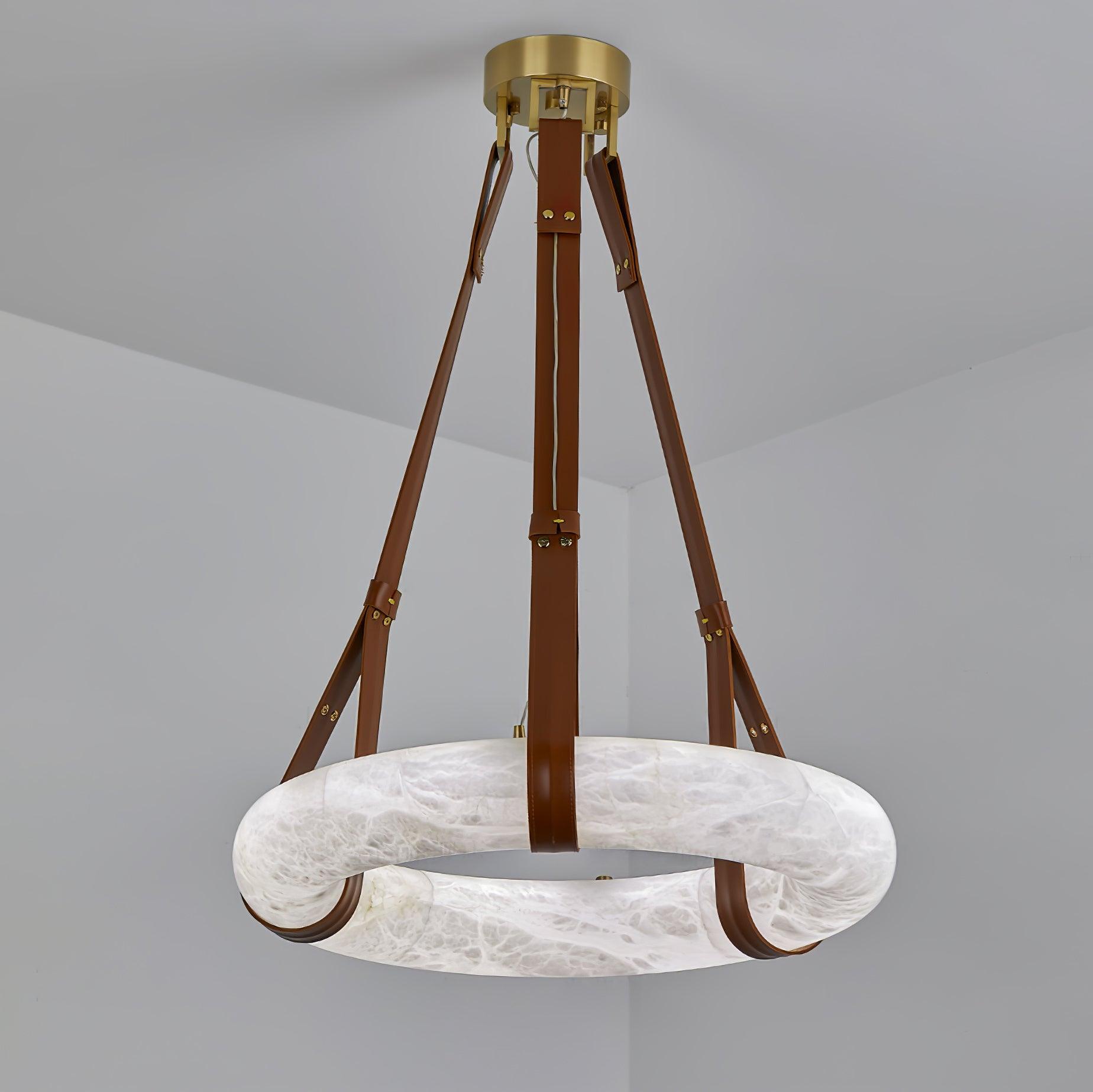Étoile Pendant Light Alabaster Ring Leather Straps Scandinavian - Lamp Copper