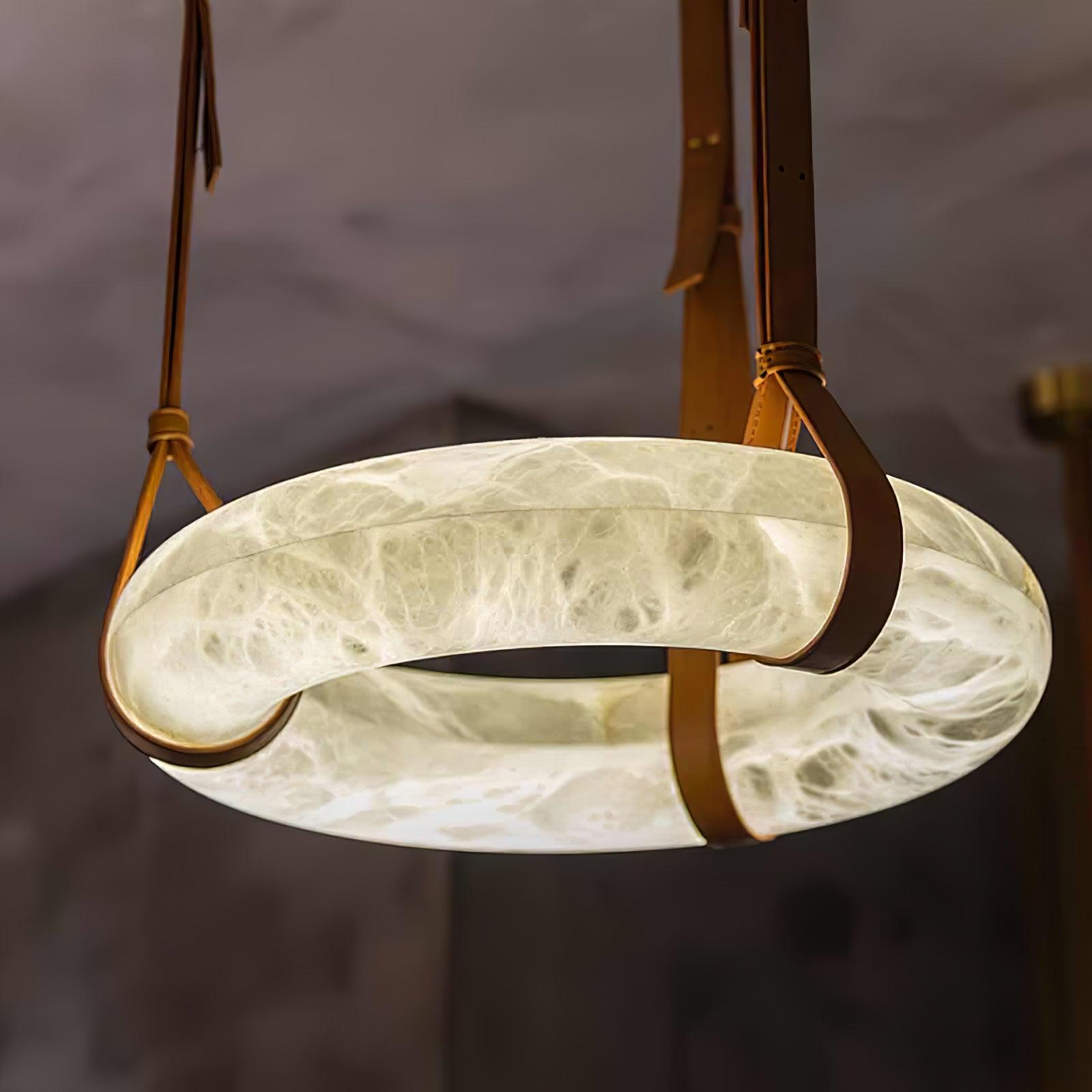 Étoile Pendant Light Alabaster Ring Leather Straps Scandinavian - Lamp Copper