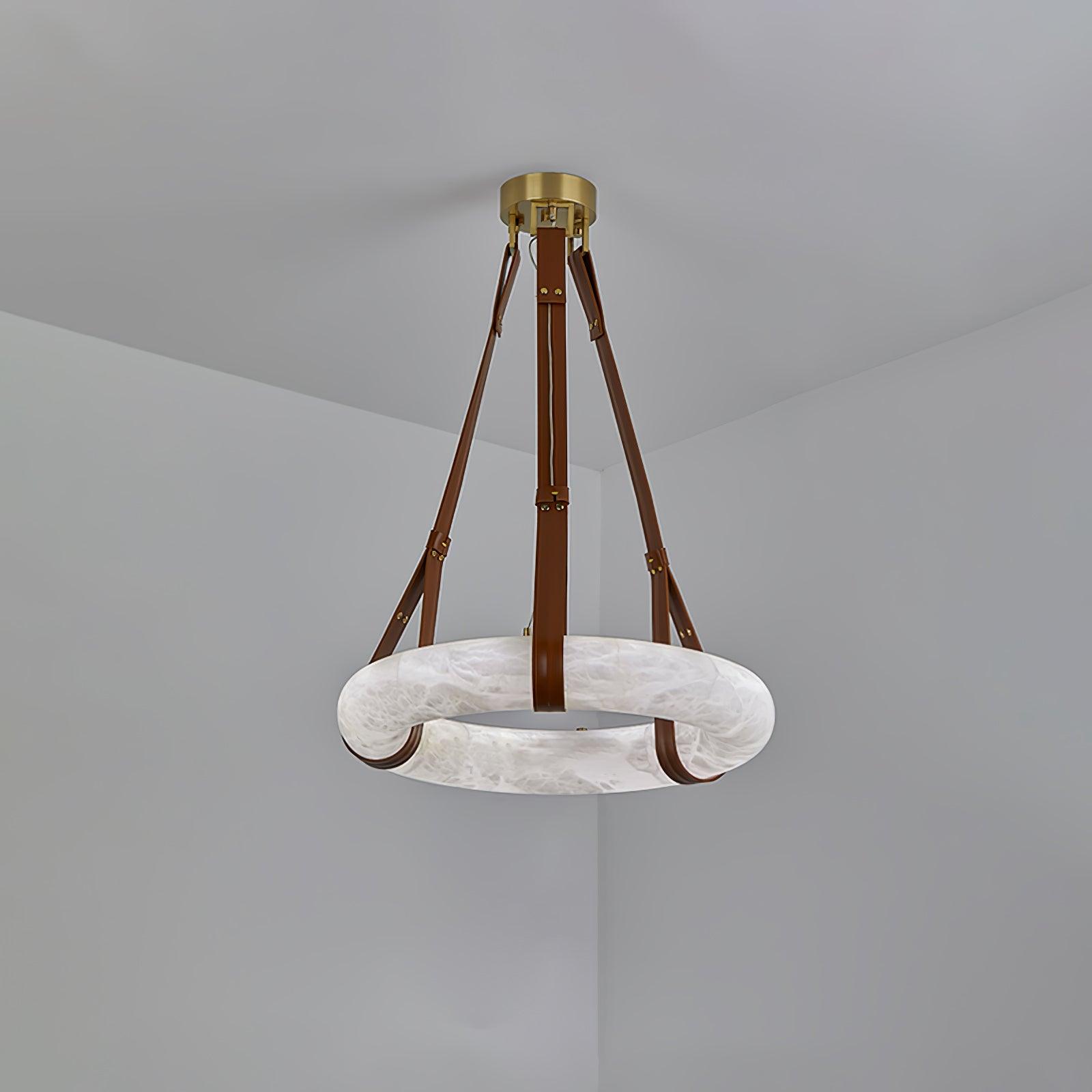 Étoile Pendant Light Alabaster Ring Leather Straps Scandinavian - Lamp Copper