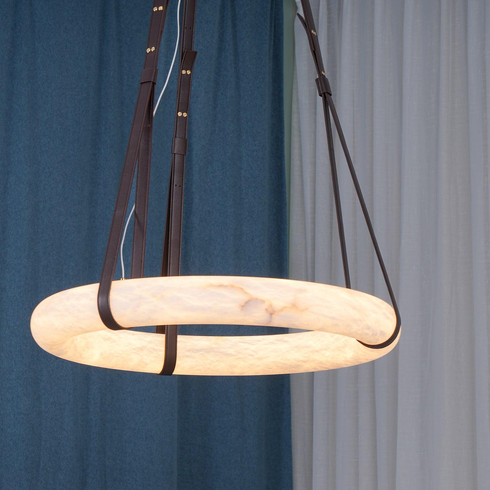 Étoile Pendant Light Alabaster Ring Leather Straps Scandinavian - Lamp Copper