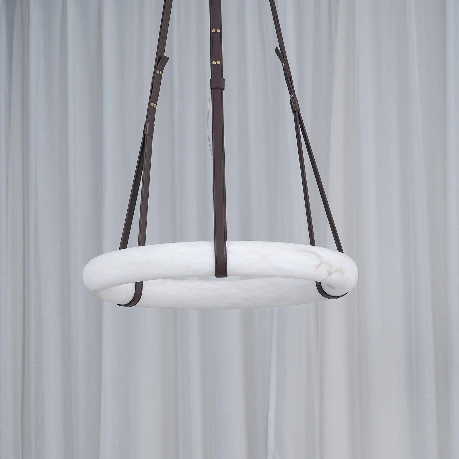 Étoile Pendant Light Alabaster Ring Leather Straps Scandinavian - Lamp Copper