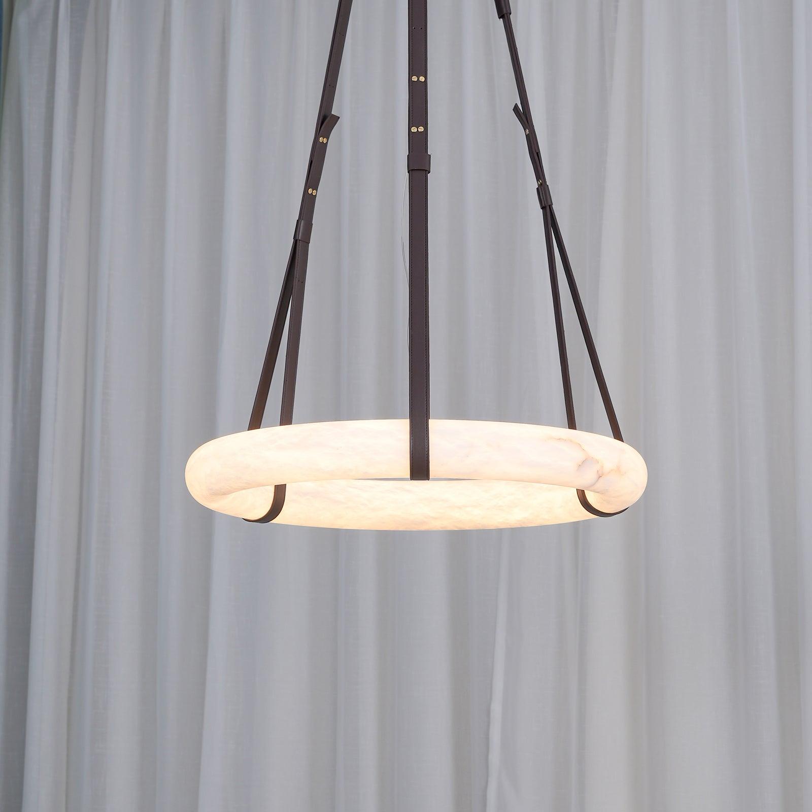 Étoile Pendant Light Alabaster Ring Leather Straps Scandinavian - Lamp Copper