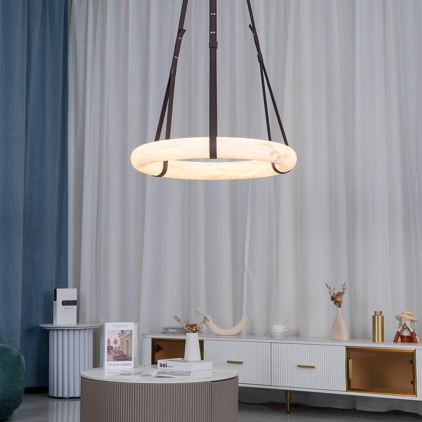 Étoile Pendant Light Alabaster Ring Leather Straps Scandinavian - Lamp Copper