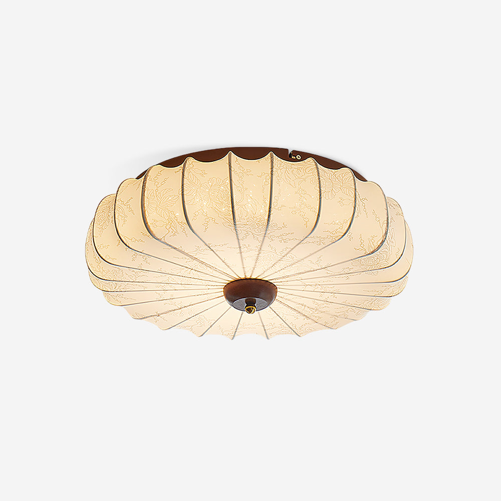 Ceiling Lamp Fabric Shade Pleated Lotus Shape Wooden Canopy - Lamp Copper