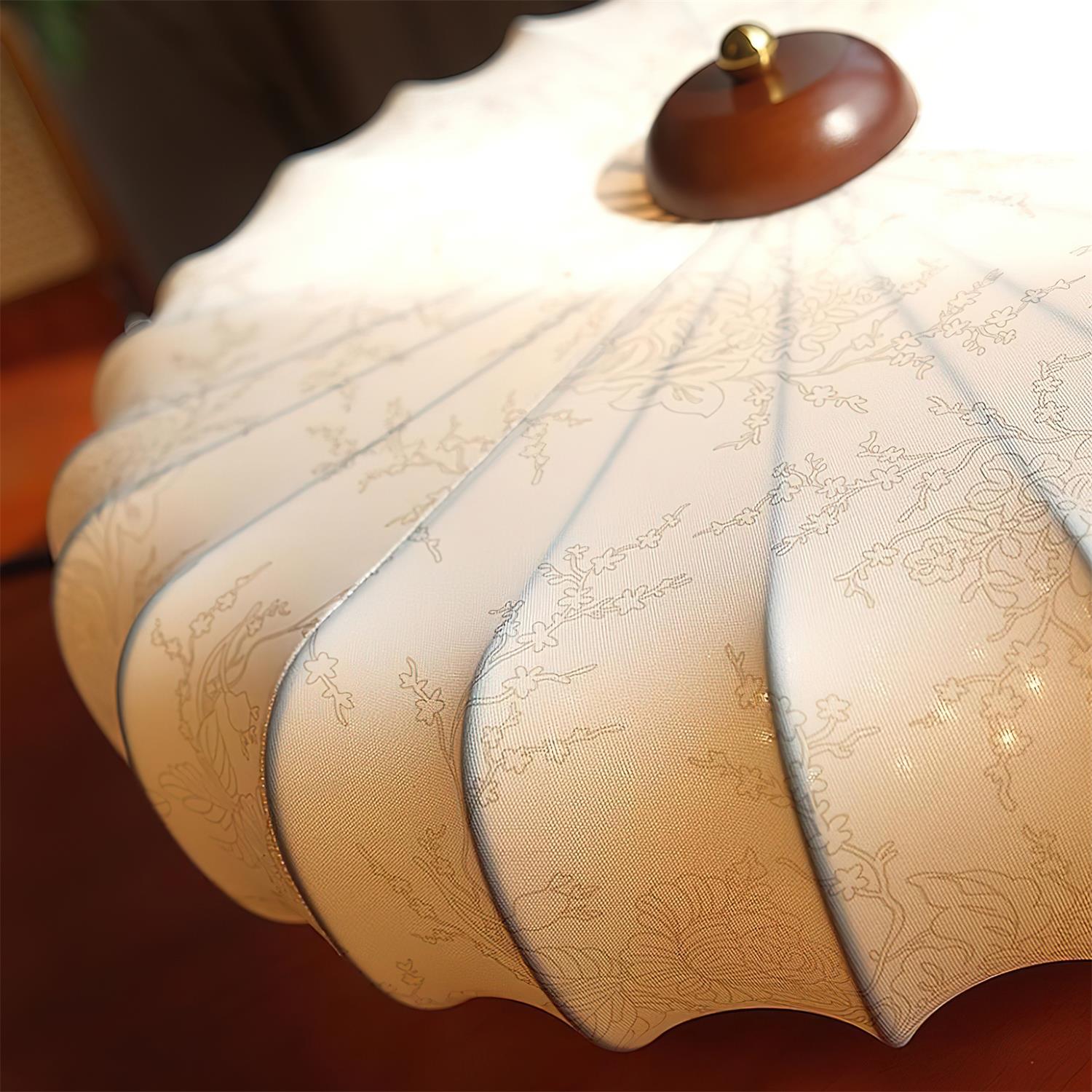 Ceiling Lamp Fabric Shade Pleated Lotus Shape Wooden Canopy - Lamp Copper