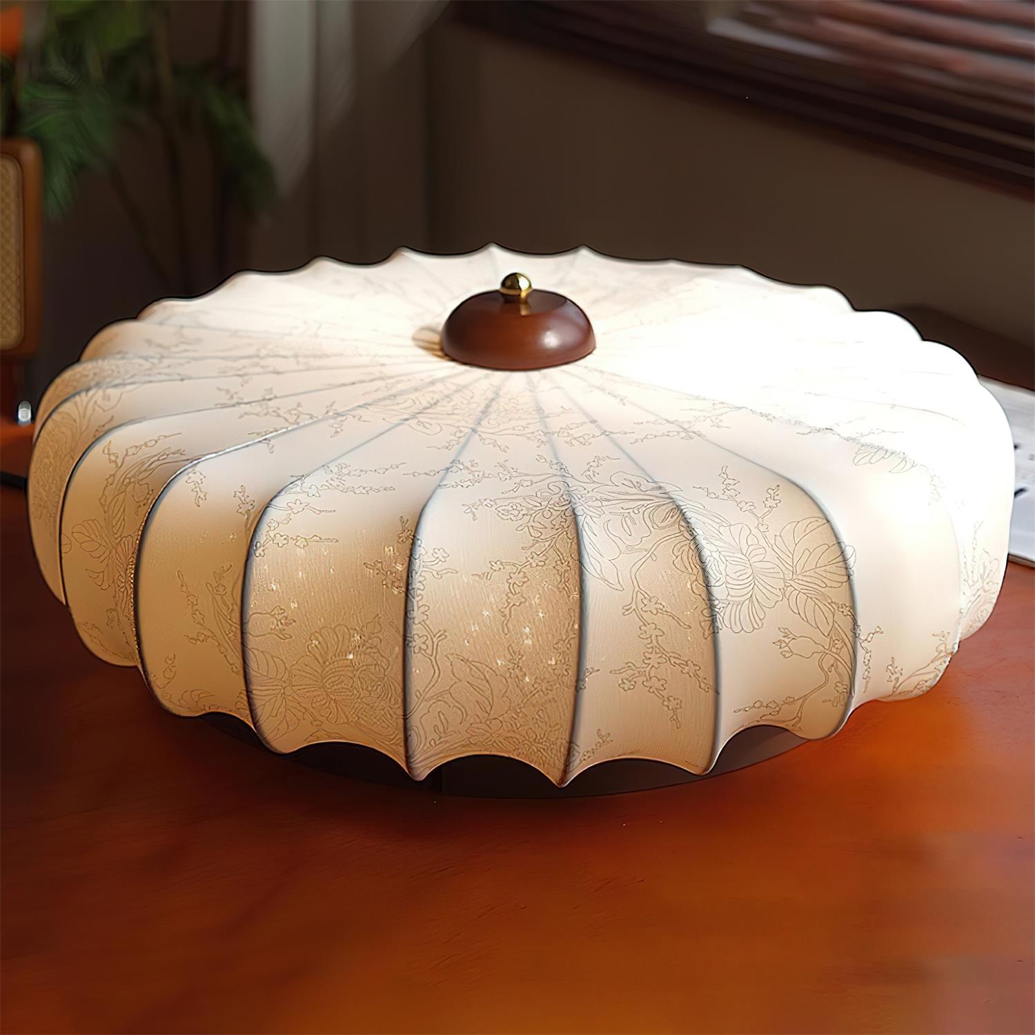 Ceiling Lamp Fabric Shade Pleated Lotus Shape Wooden Canopy - Lamp Copper