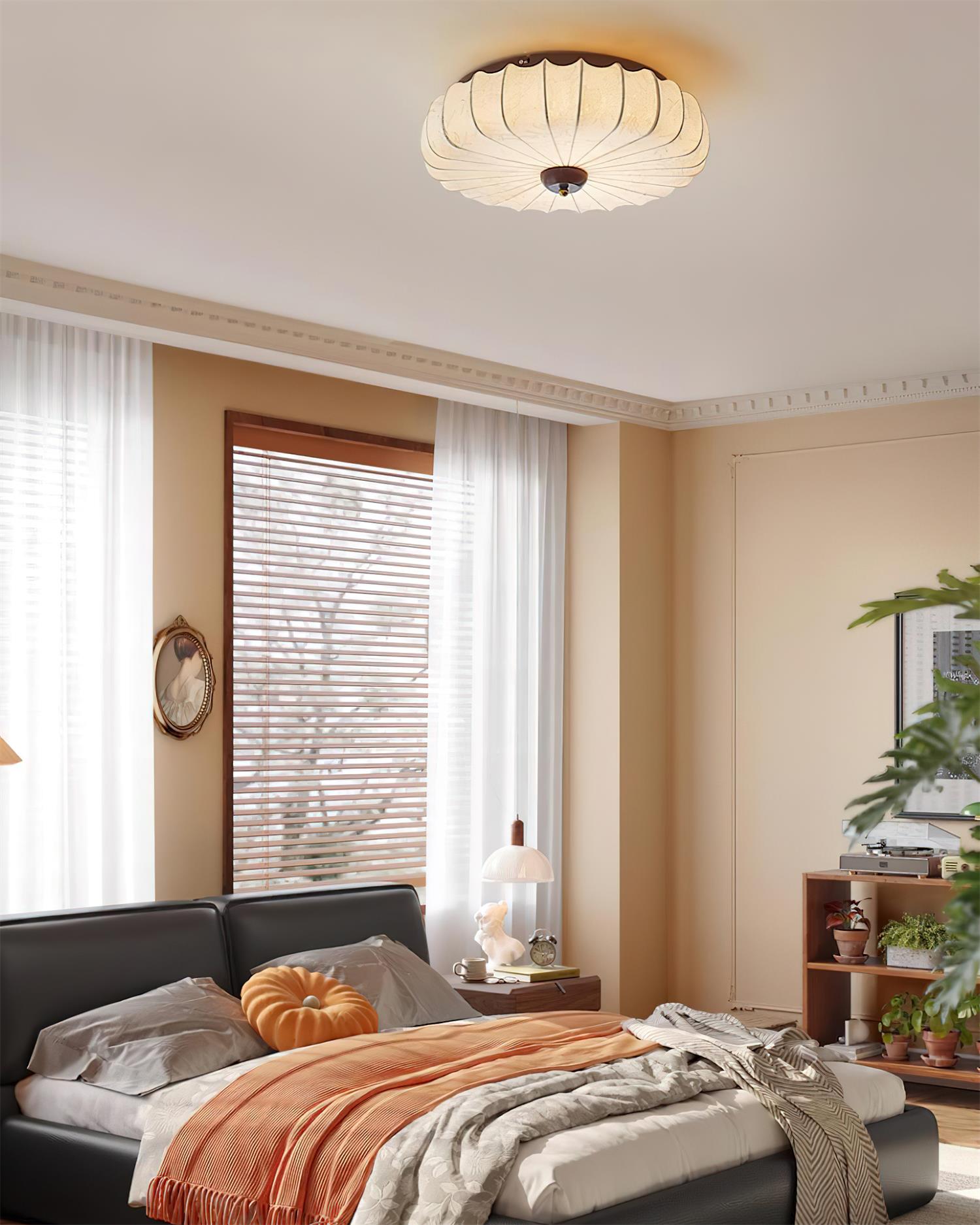 Ceiling Lamp Fabric Shade Pleated Lotus Shape Wooden Canopy - Lamp Copper