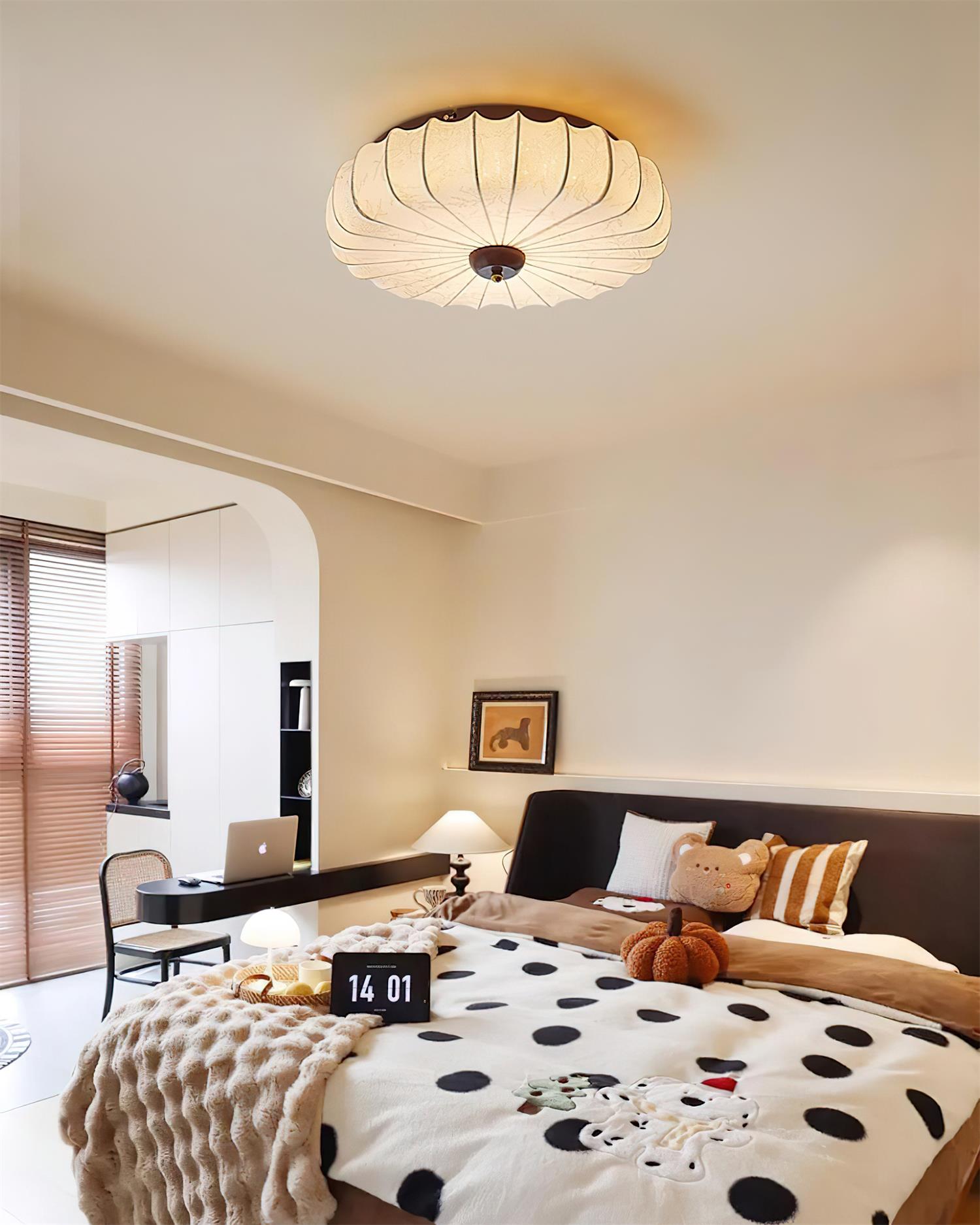 Ceiling Lamp Fabric Shade Pleated Lotus Shape Wooden Canopy - Lamp Copper