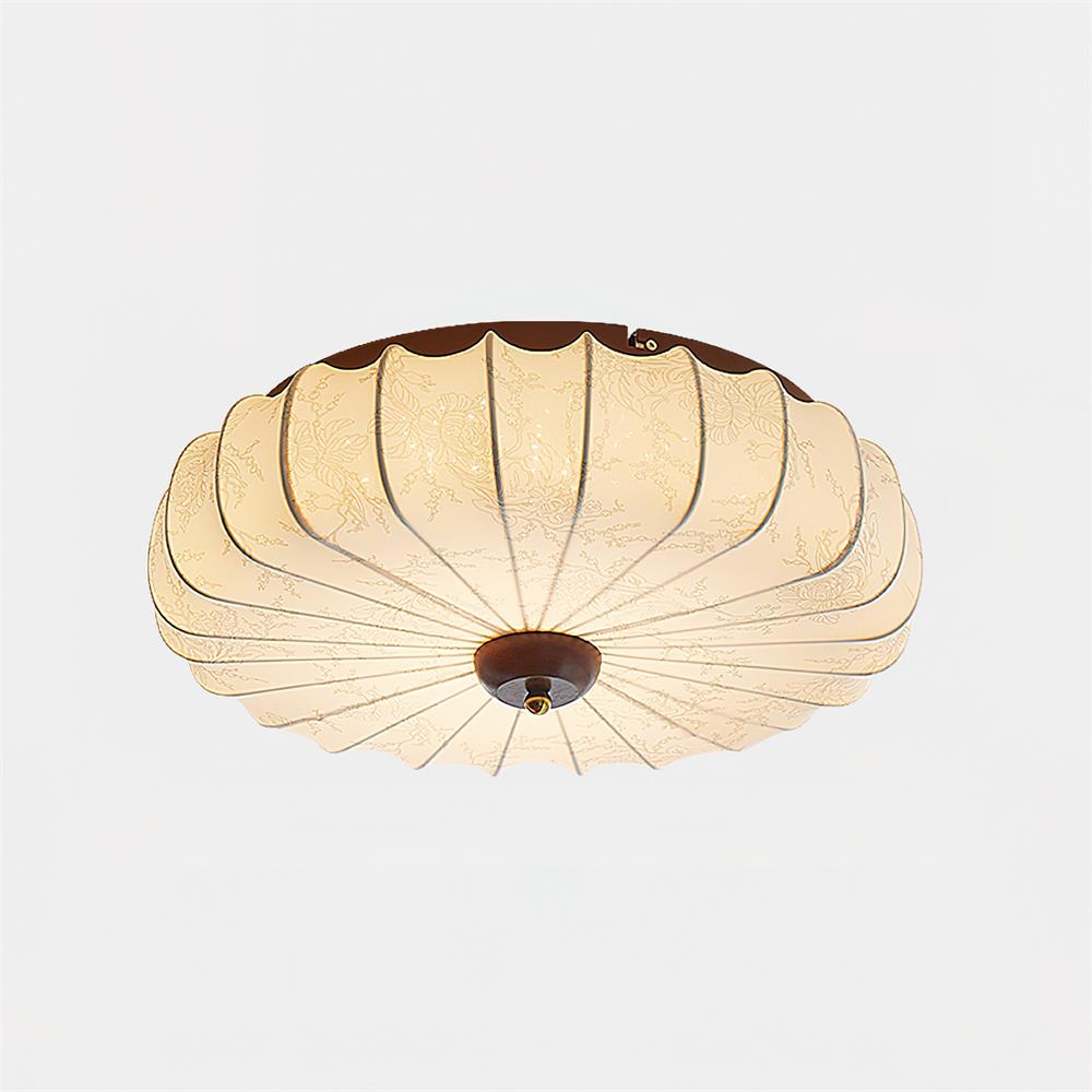Ceiling Lamp Fabric Shade Pleated Lotus Shape Wooden Canopy - Lamp Copper