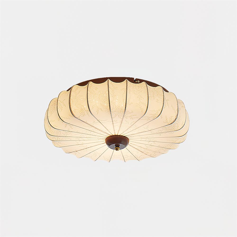 Ceiling Lamp Fabric Shade Pleated Lotus Shape Wooden Canopy - Lamp Copper