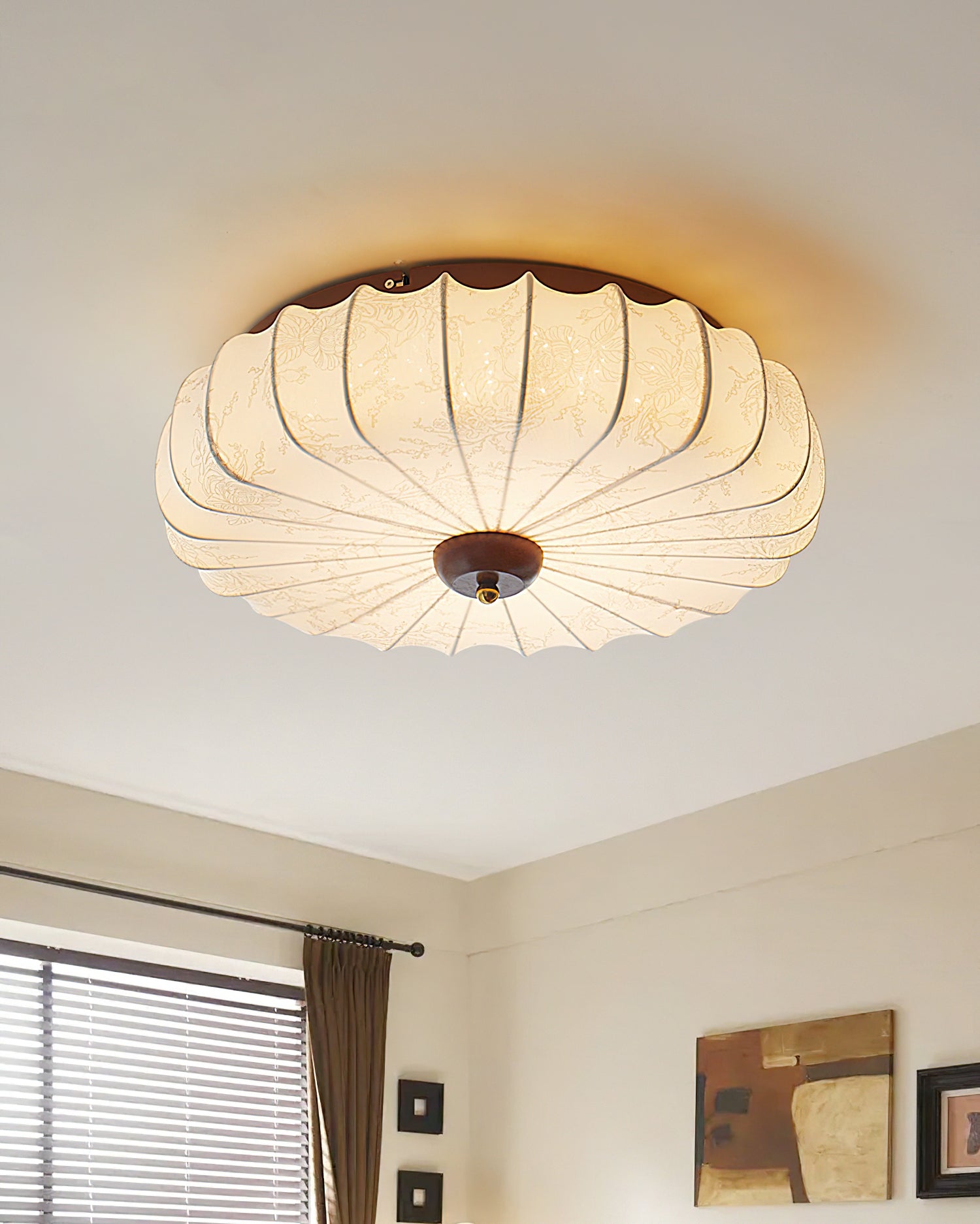 Ceiling Lamp Fabric Shade Pleated Lotus Shape Wooden Canopy - Lamp Copper