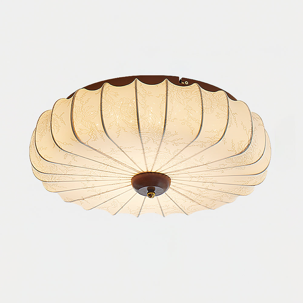 Ceiling Lamp Fabric Shade Pleated Lotus Shape Wooden Canopy - Lamp Copper