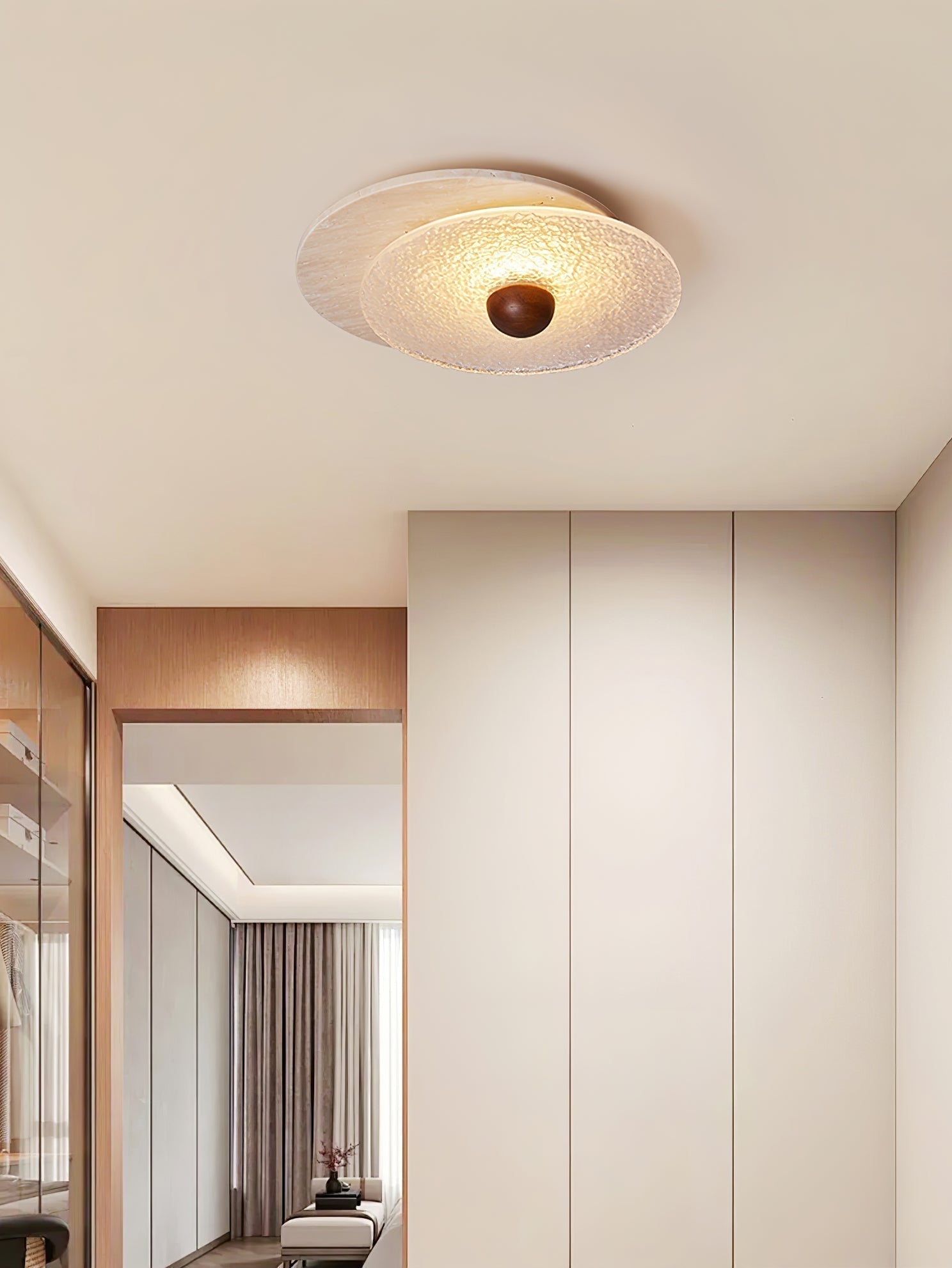 Orlora Circular Travertine Ceiling Light - Lamp Copper