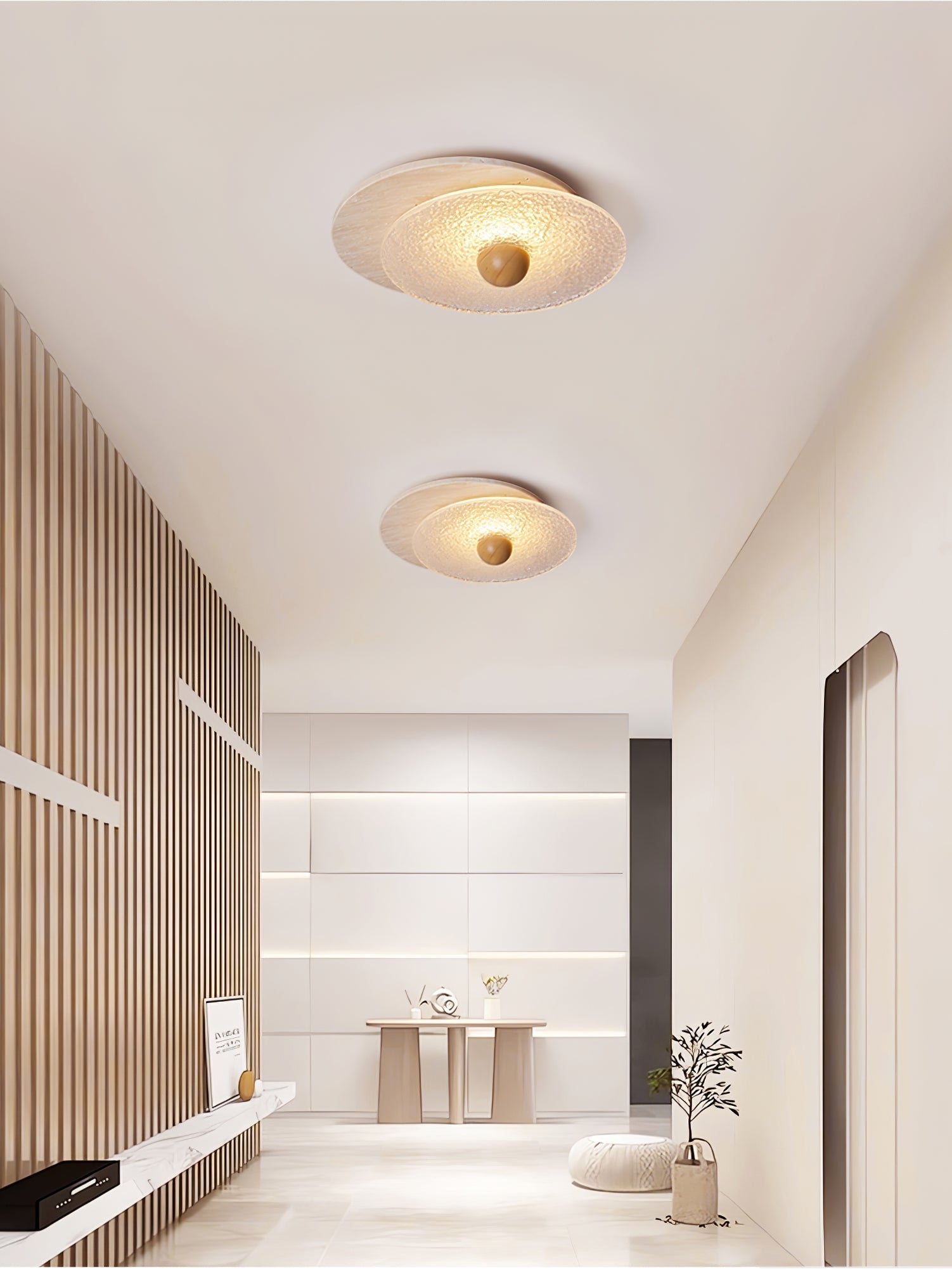 Orlora Circular Travertine Ceiling Light - Lamp Copper